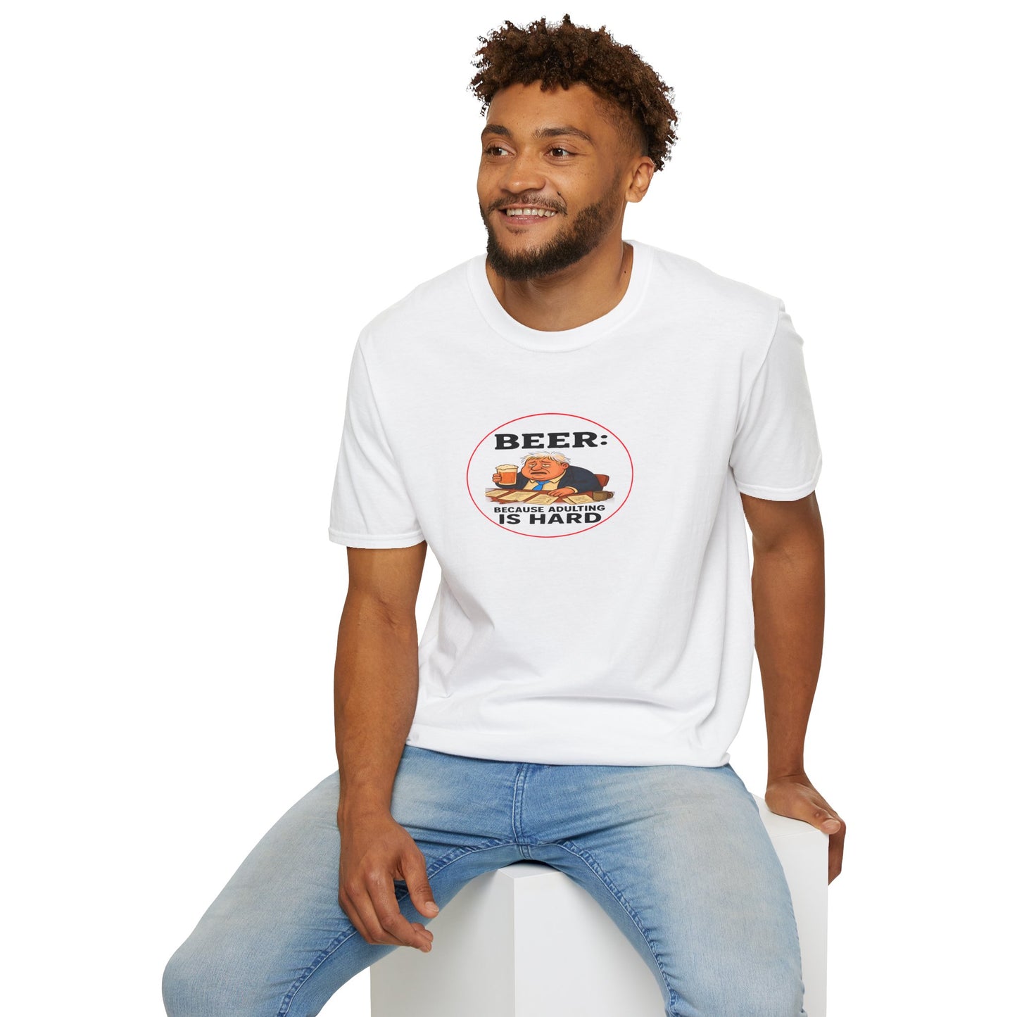 “Funny Beer Because Adulting Is Hard cartoon  white T-shirt design”