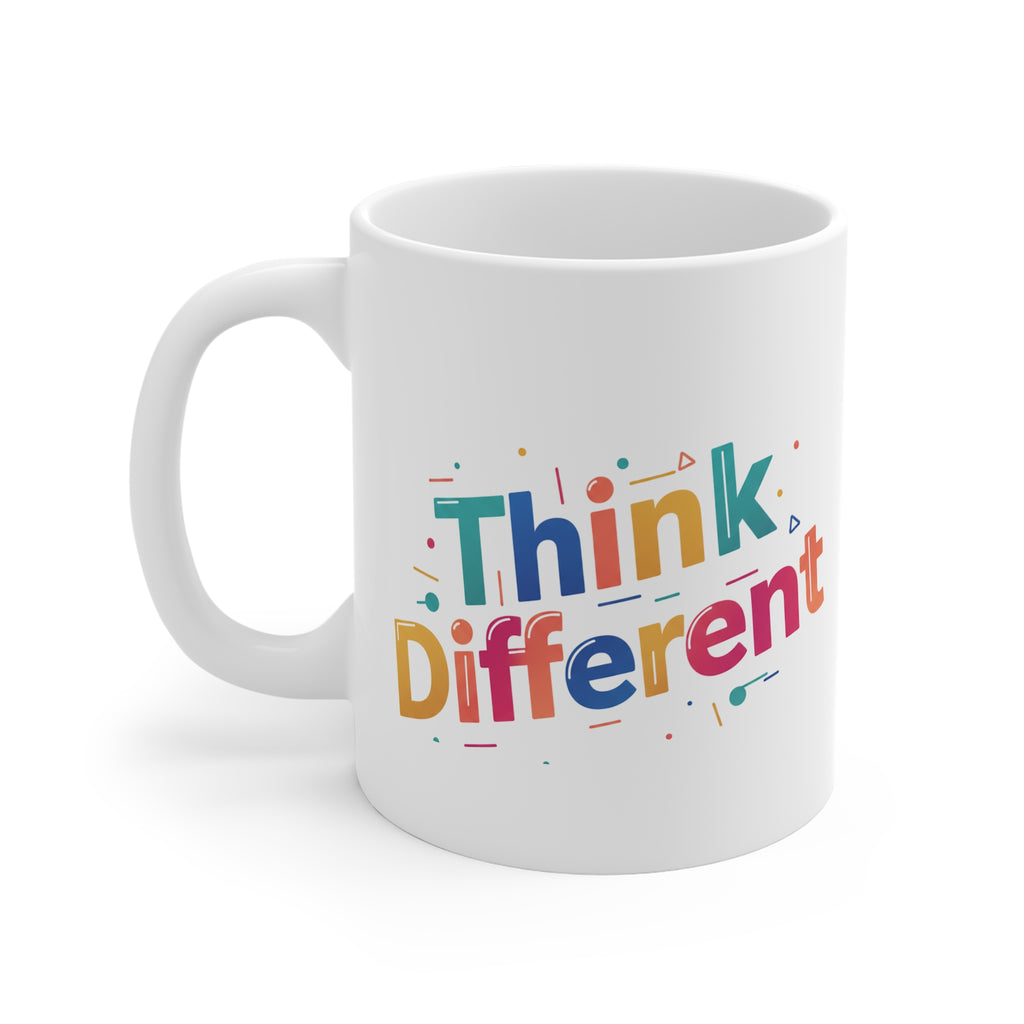 White mug with 'Think Different' text in colorful letters on a white background