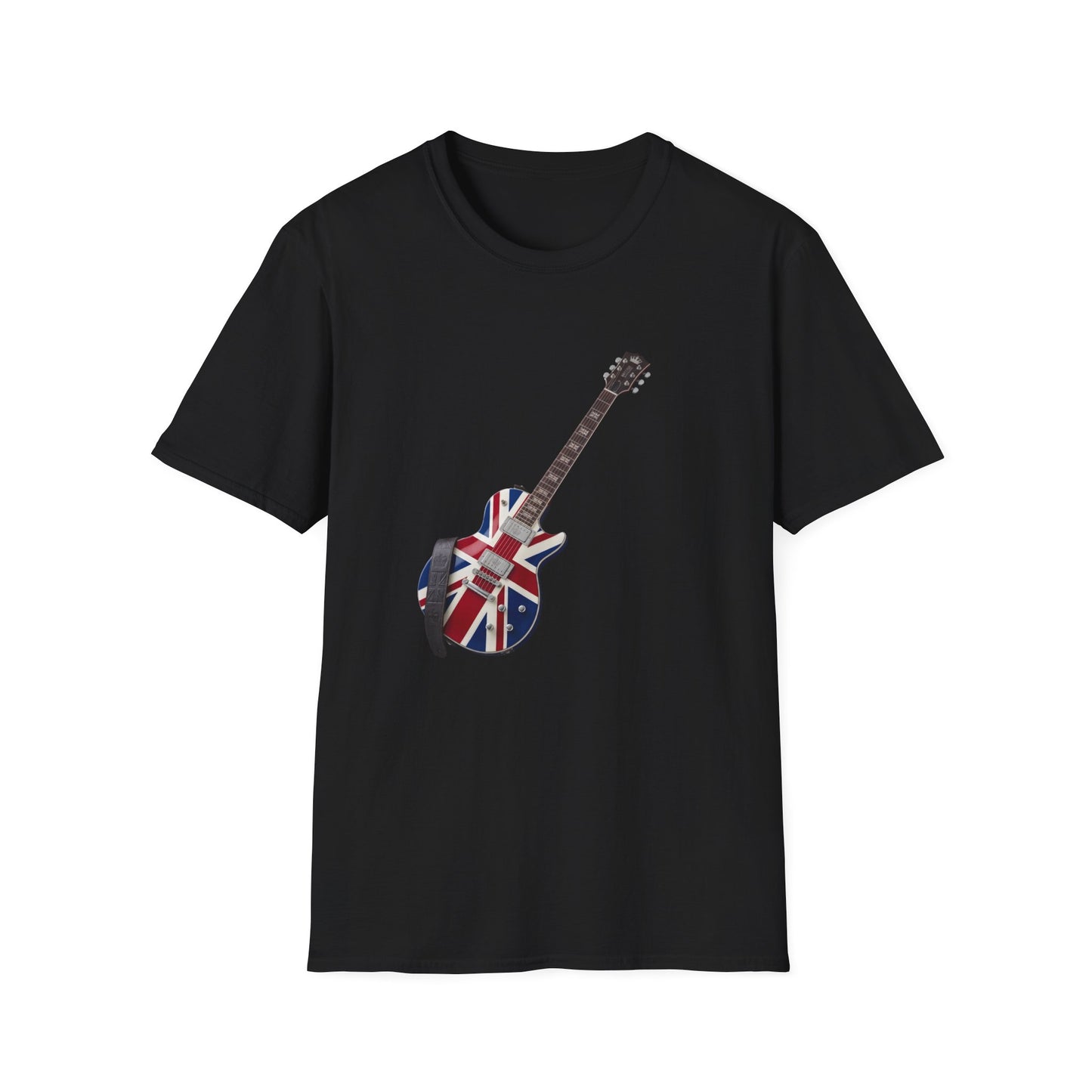 Black t-shirt with a guitar design featuring the Union Jack on a white background