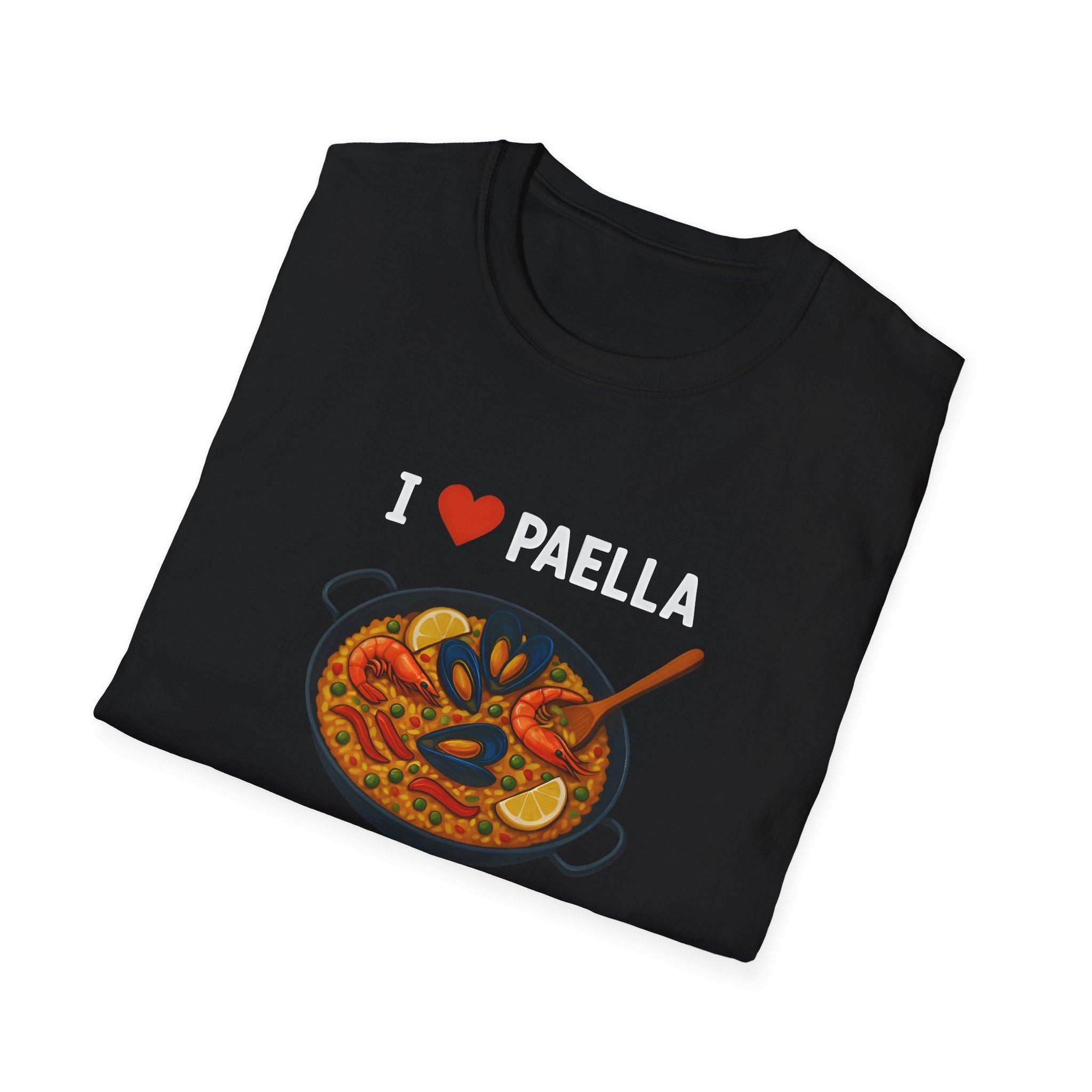 Black t-shirt with 'I ❤️ Paella' design on a white background