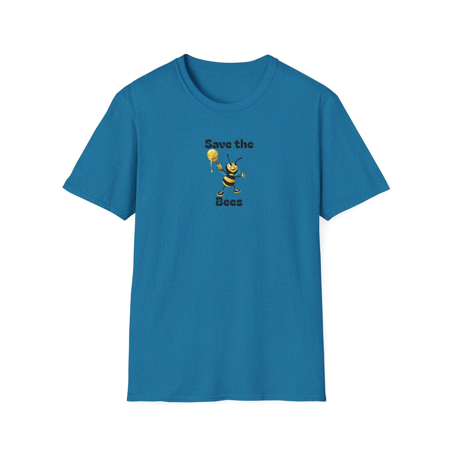 Blue t-shirt with a bee graphic and 'Save the Bees' text on a white background