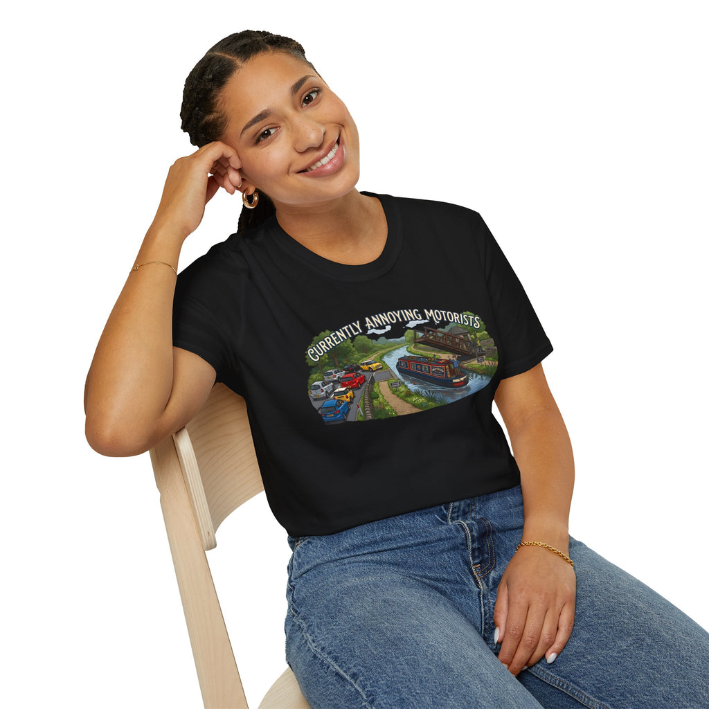 Canal Narrowboat Swing Bridge Print – “Currently Annoying Motorists” Humorous Boat T Shirt 