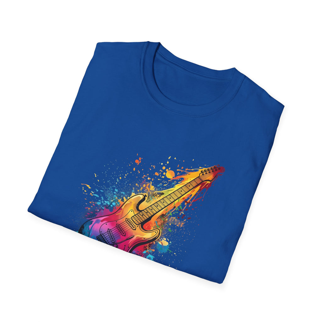 Blue t-shirt with a colorful guitar design on a white background