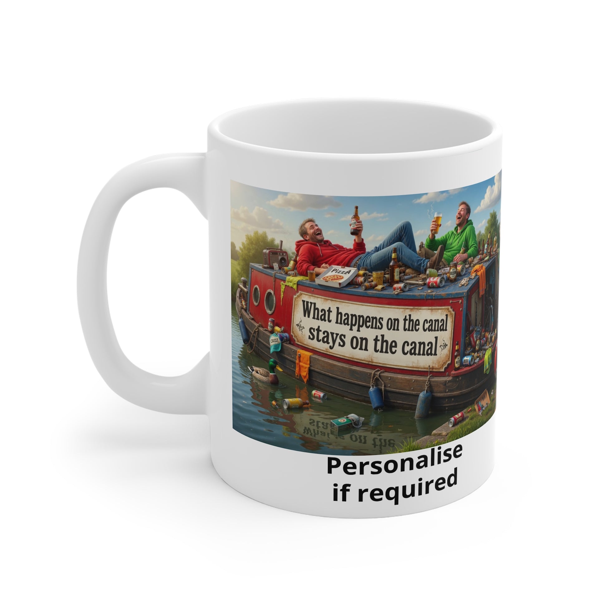 Canal Boat Mug — "What happens on the canal stays on the canal" Novelty beer humour Coffee Cup Printify