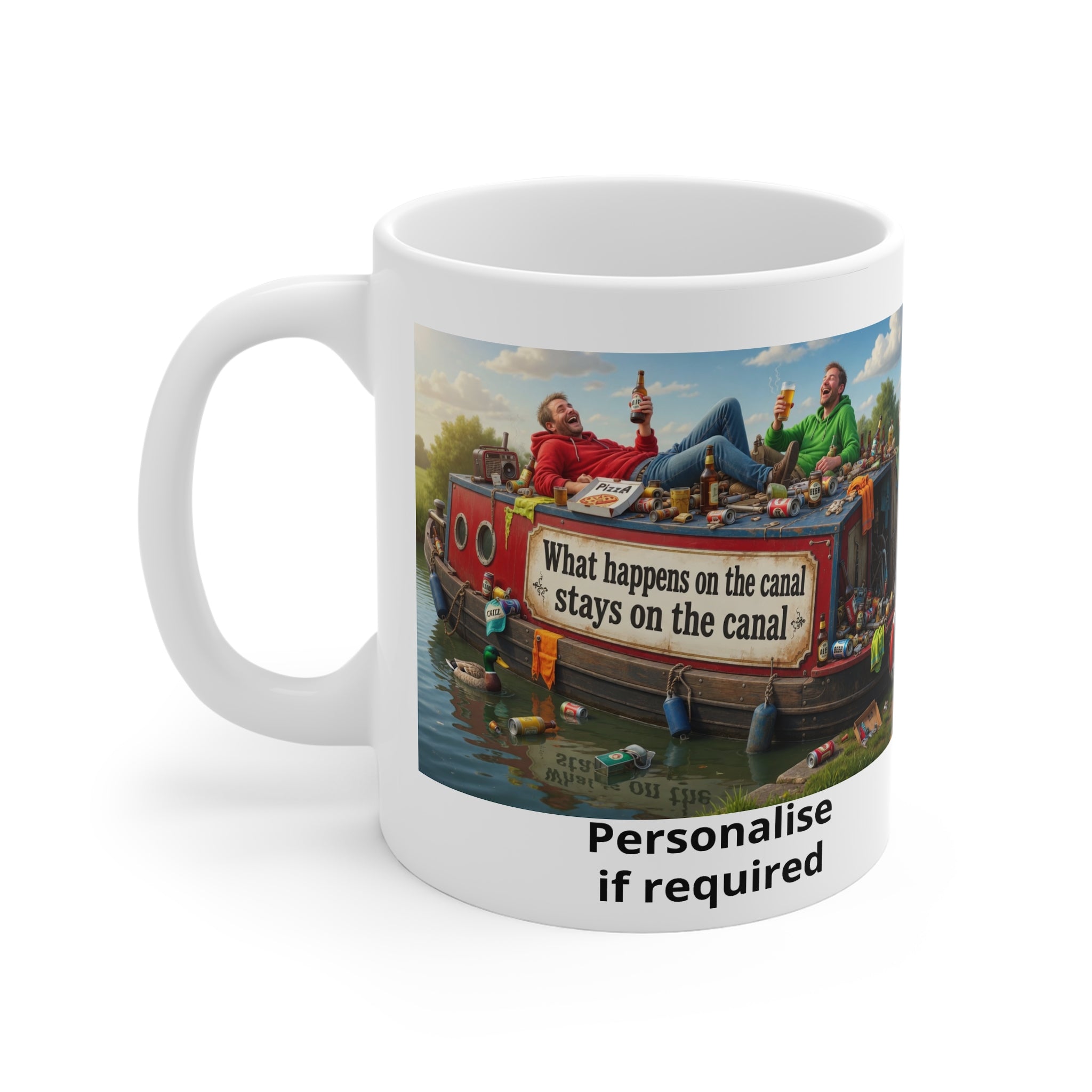 Canal Boat Mug — "What happens on the canal stays on the canal" Novelty beer humour Coffee Cup Printify