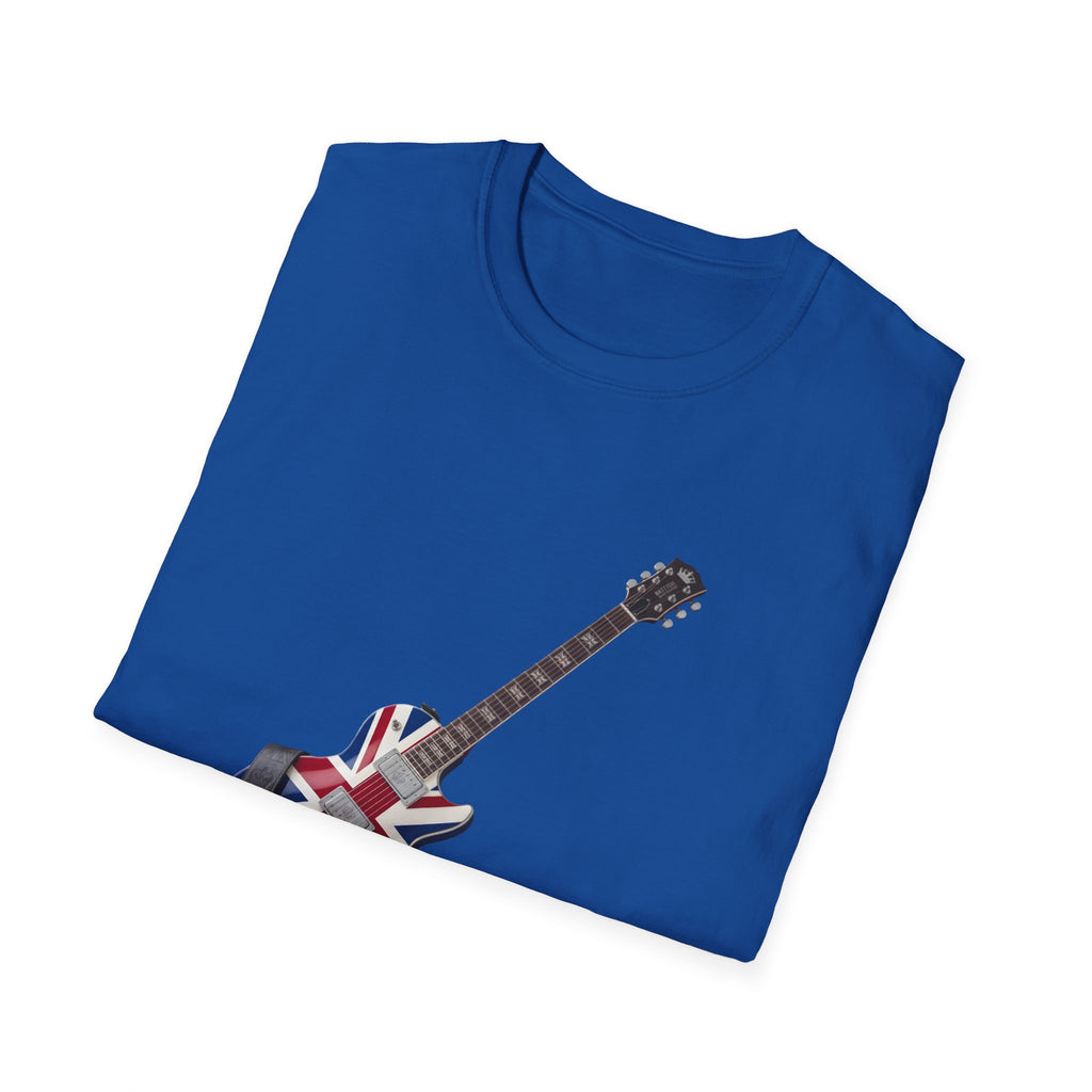 Folded blue t-shirt with a guitar design featuring the Union Jack on a white background