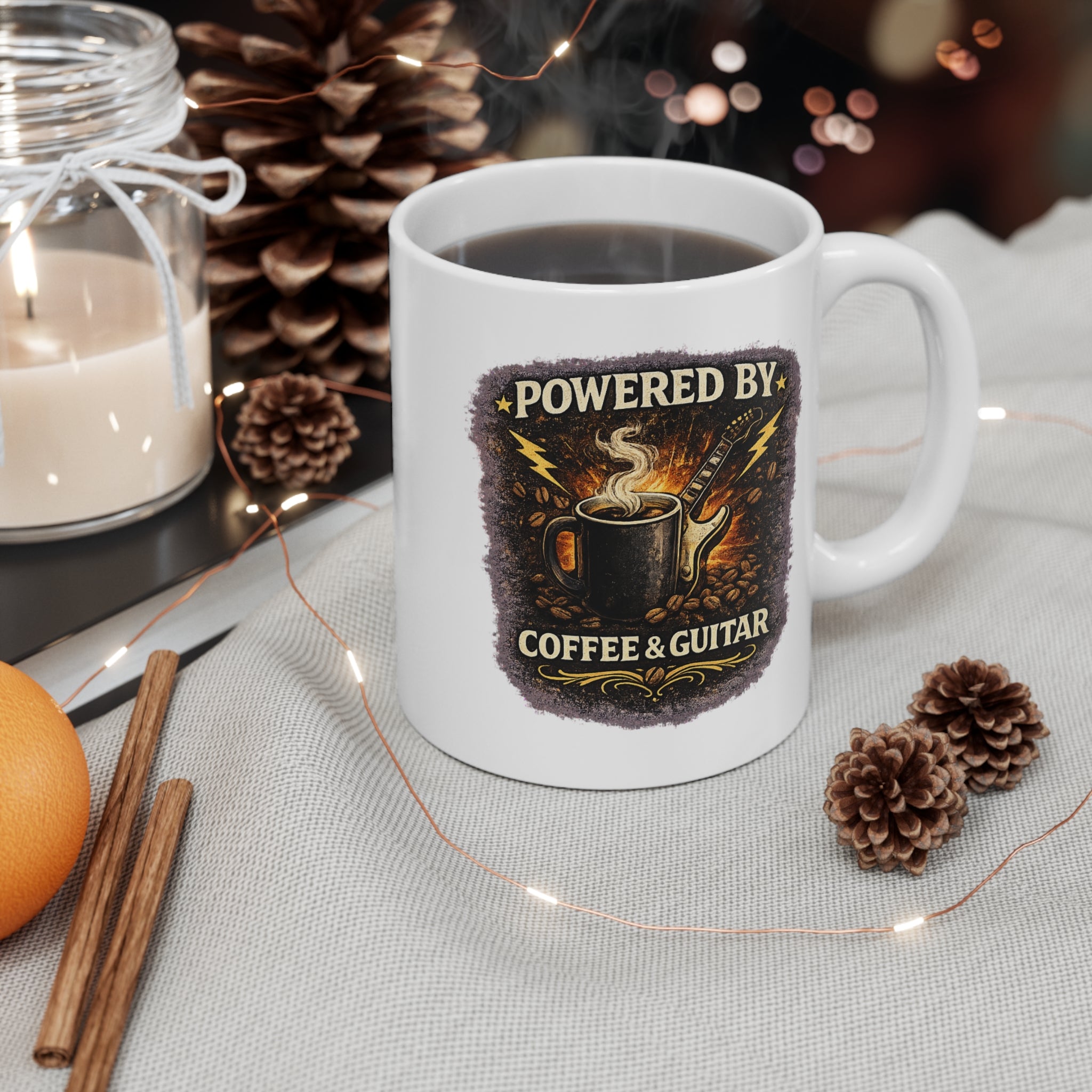 Powered By Coffee & Guitar Mug | Funny Guitar Player Coffee Mug | Musician Gift | Fat Boris Printify