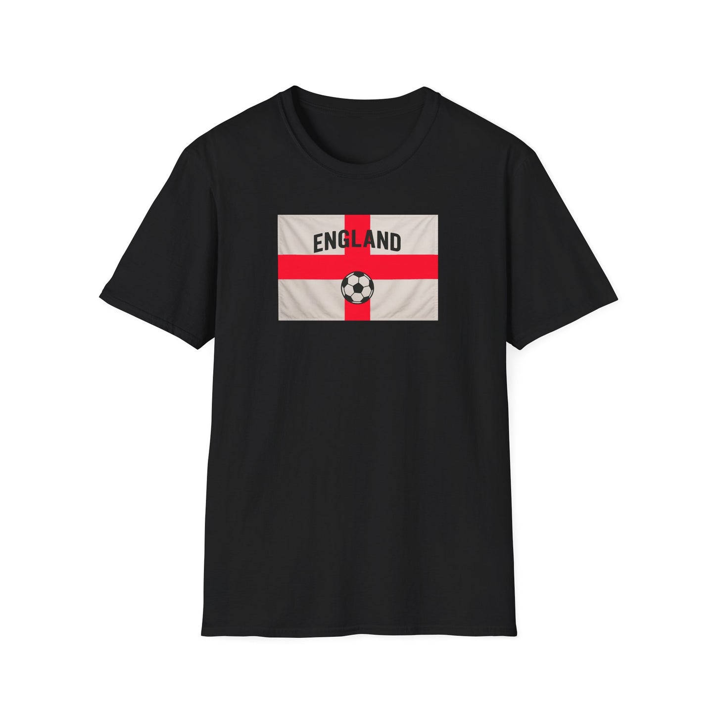 Black t-shirt with England flag and soccer ball design on a white background