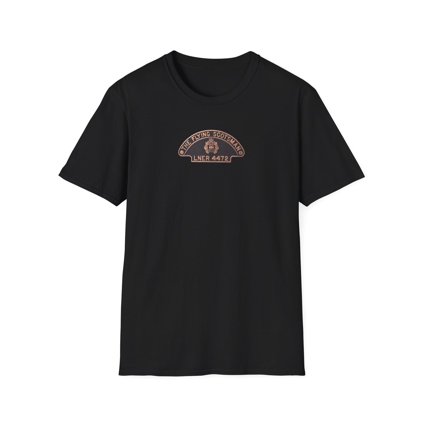 Black t-shirt with a logo on a white background