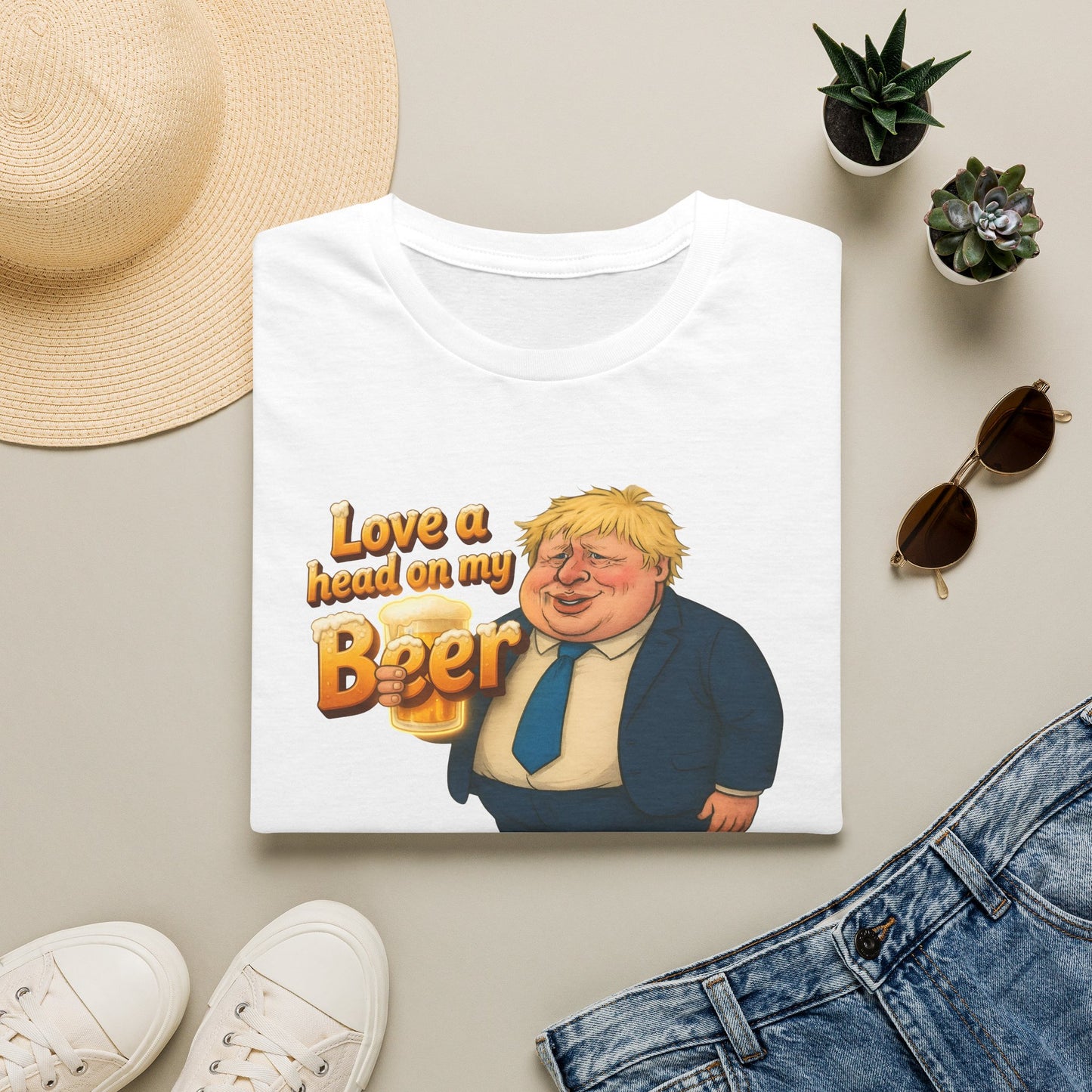 Political Caricature T‑Shirt — "Love a Head on My Beer" Funny Boris Johnson Design Printify