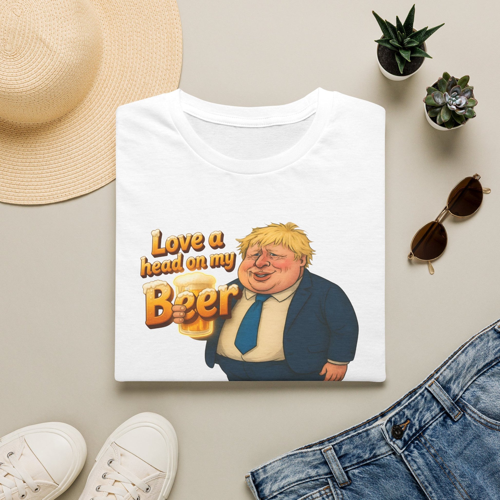 Political Caricature T‑Shirt — "Love a Head on My Beer" Funny Boris Johnson Design Printify