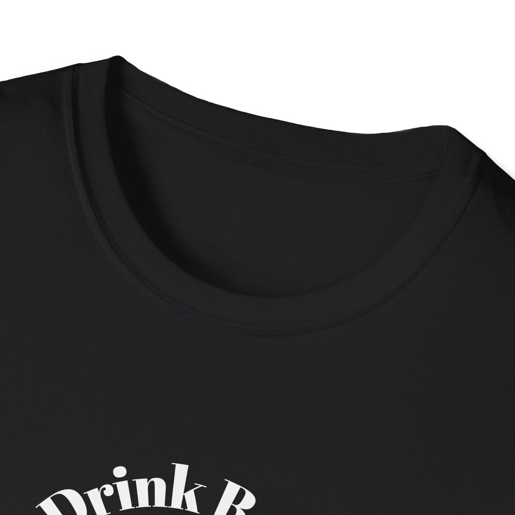 Close-up of a black t-shirt with 'Drink R' text on a white background