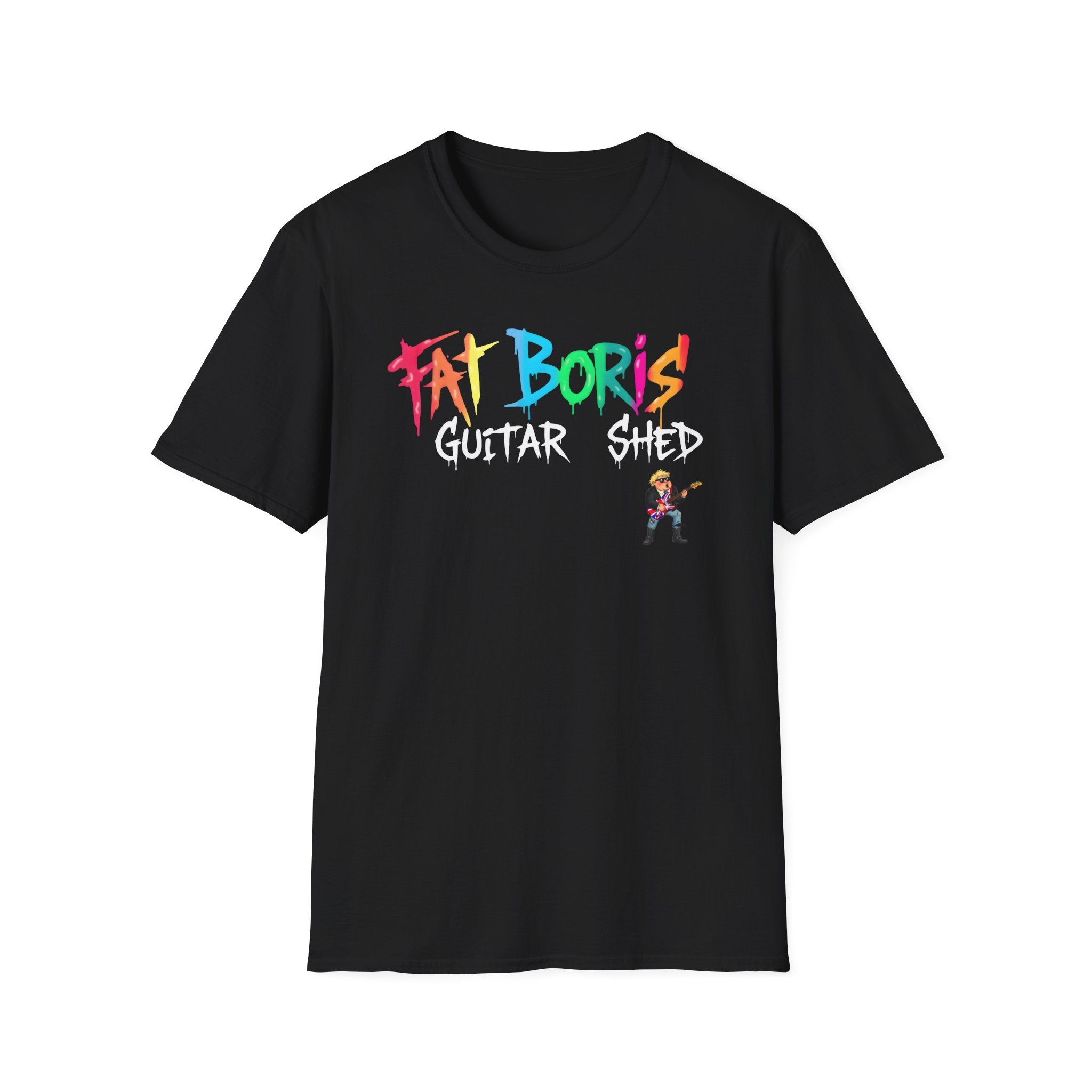 Black t-shirt with 'Fat Boris Guitar Shed' text and logo on a white background