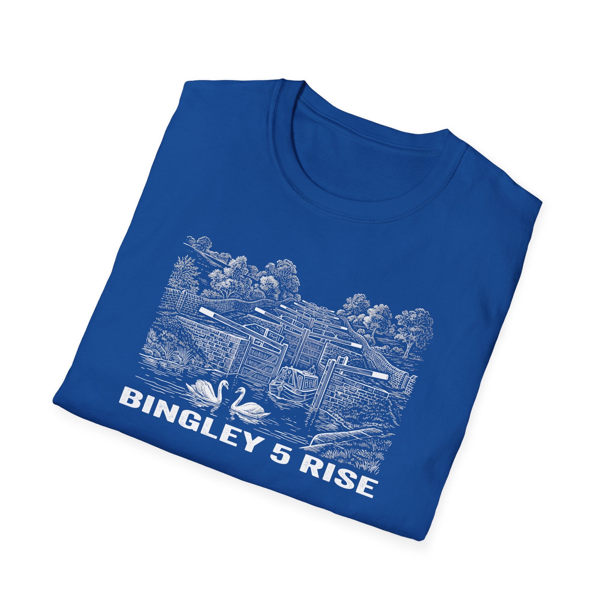 Folded blue t-shirt with white graphic and text 'Bingley 5 Rise' on a white background