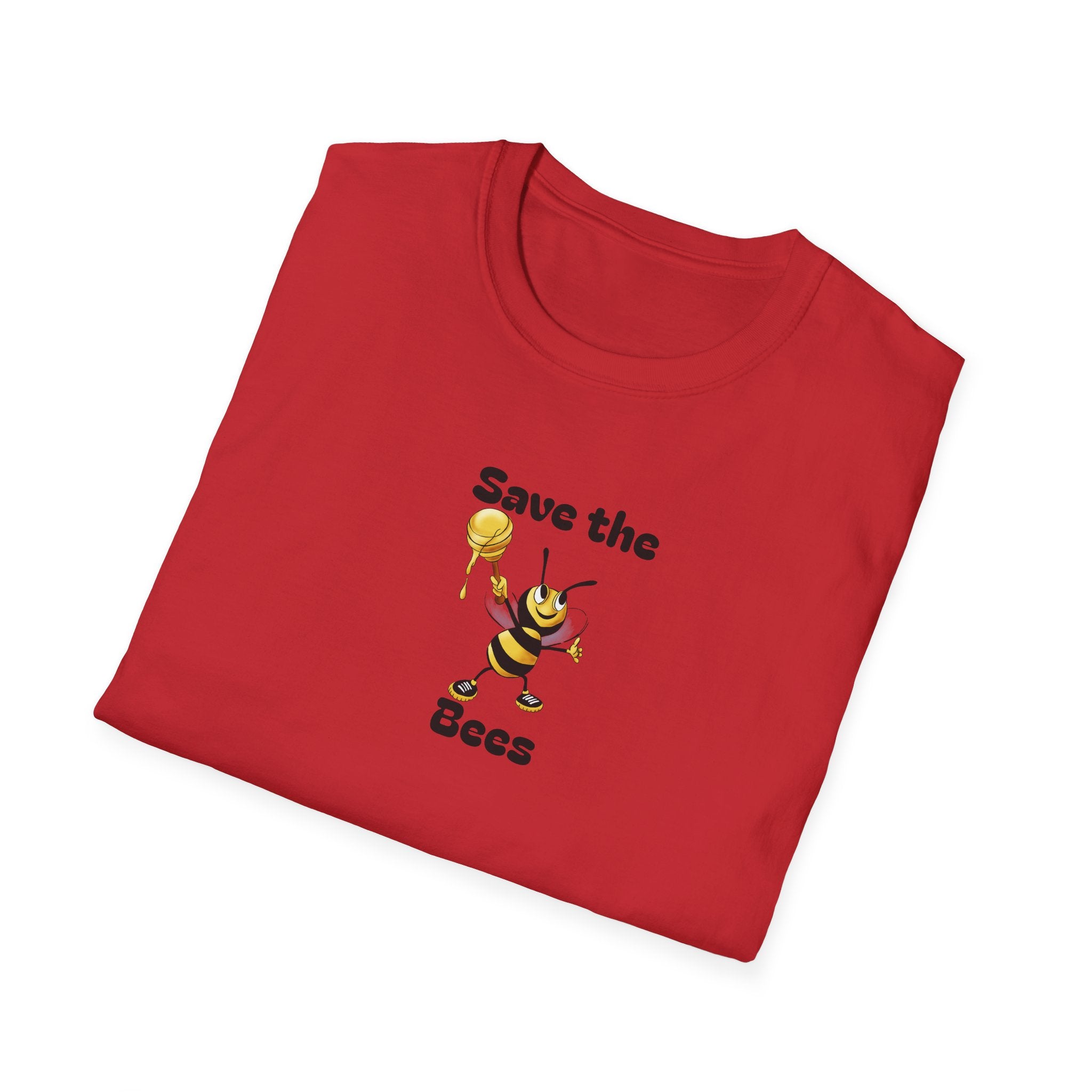 Folded red t-shirt with a bee graphic and text on a white background