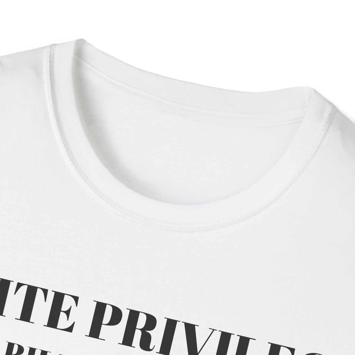 White t-shirt with black text on a white background