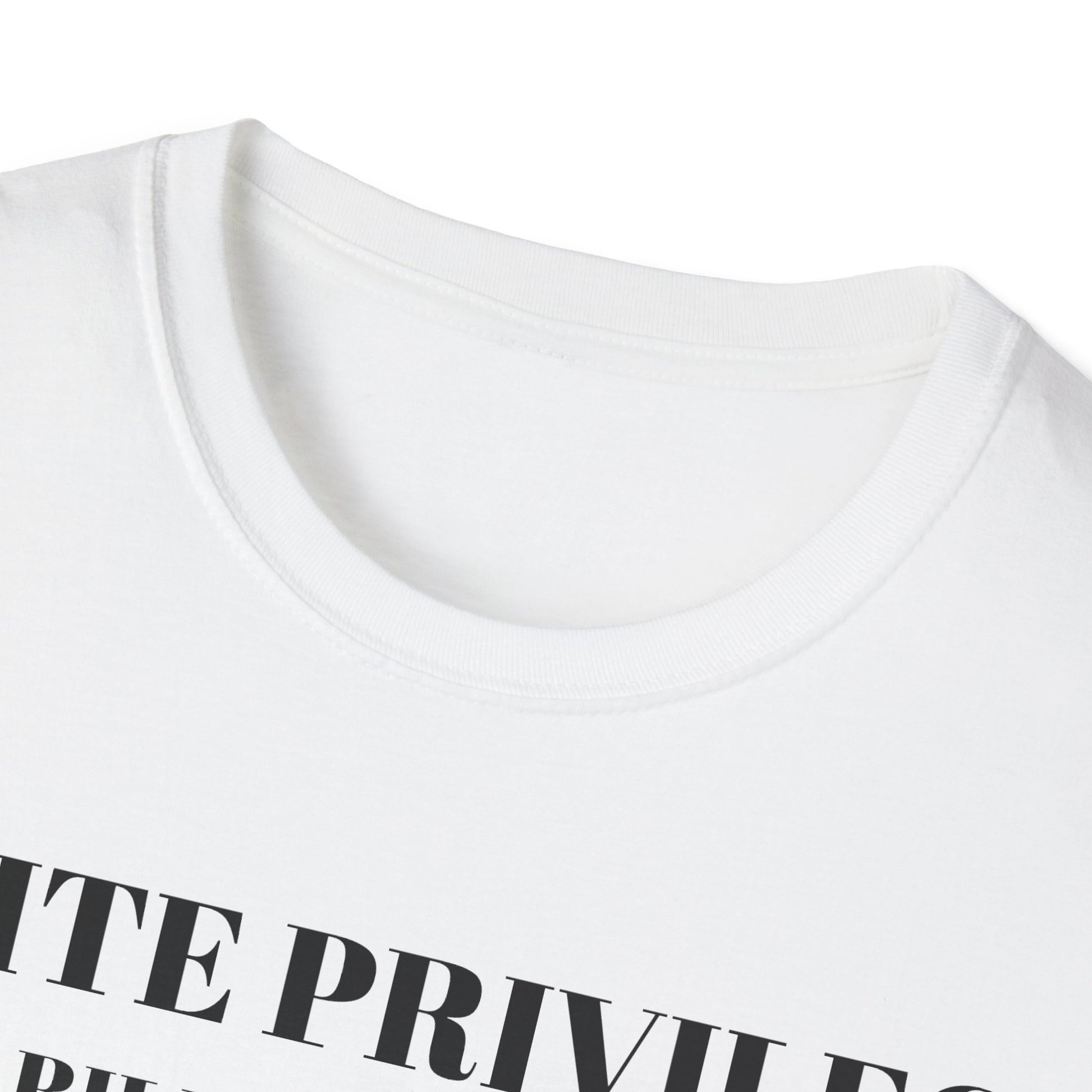 White t-shirt with black text on a white background