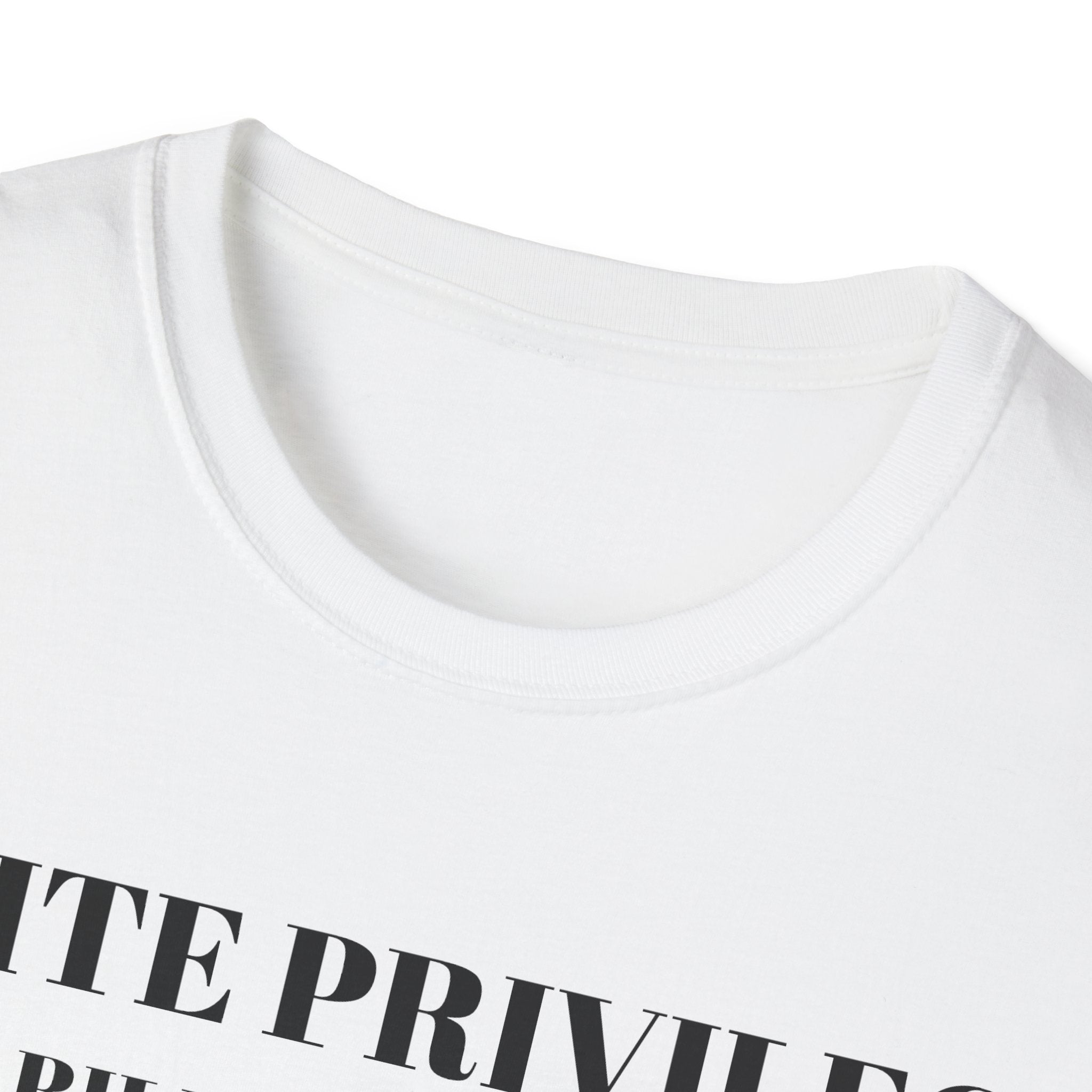 White t-shirt with black text on a white background