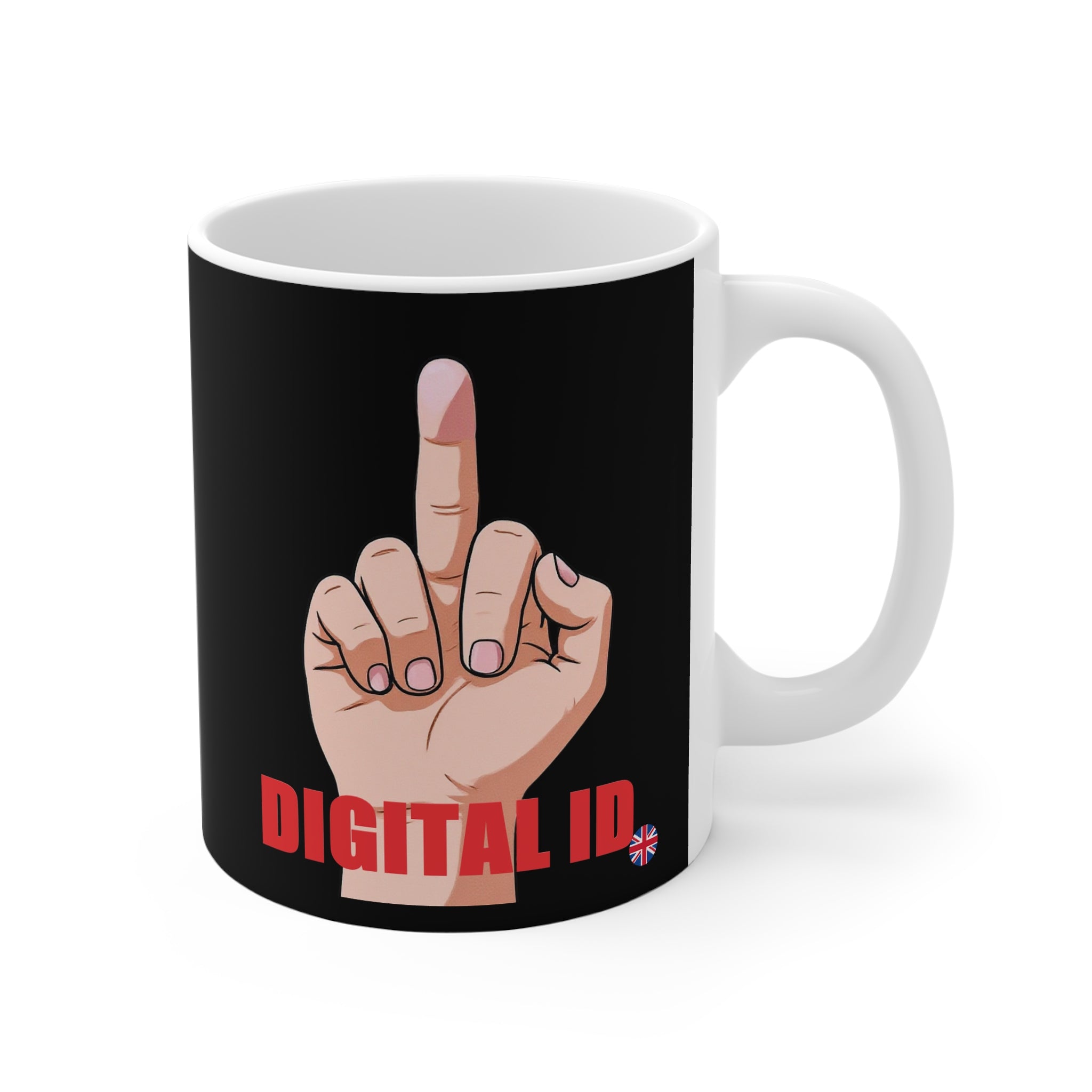 Mug with a hand making a gesture and 'DIGITAL ID' text on a black background
