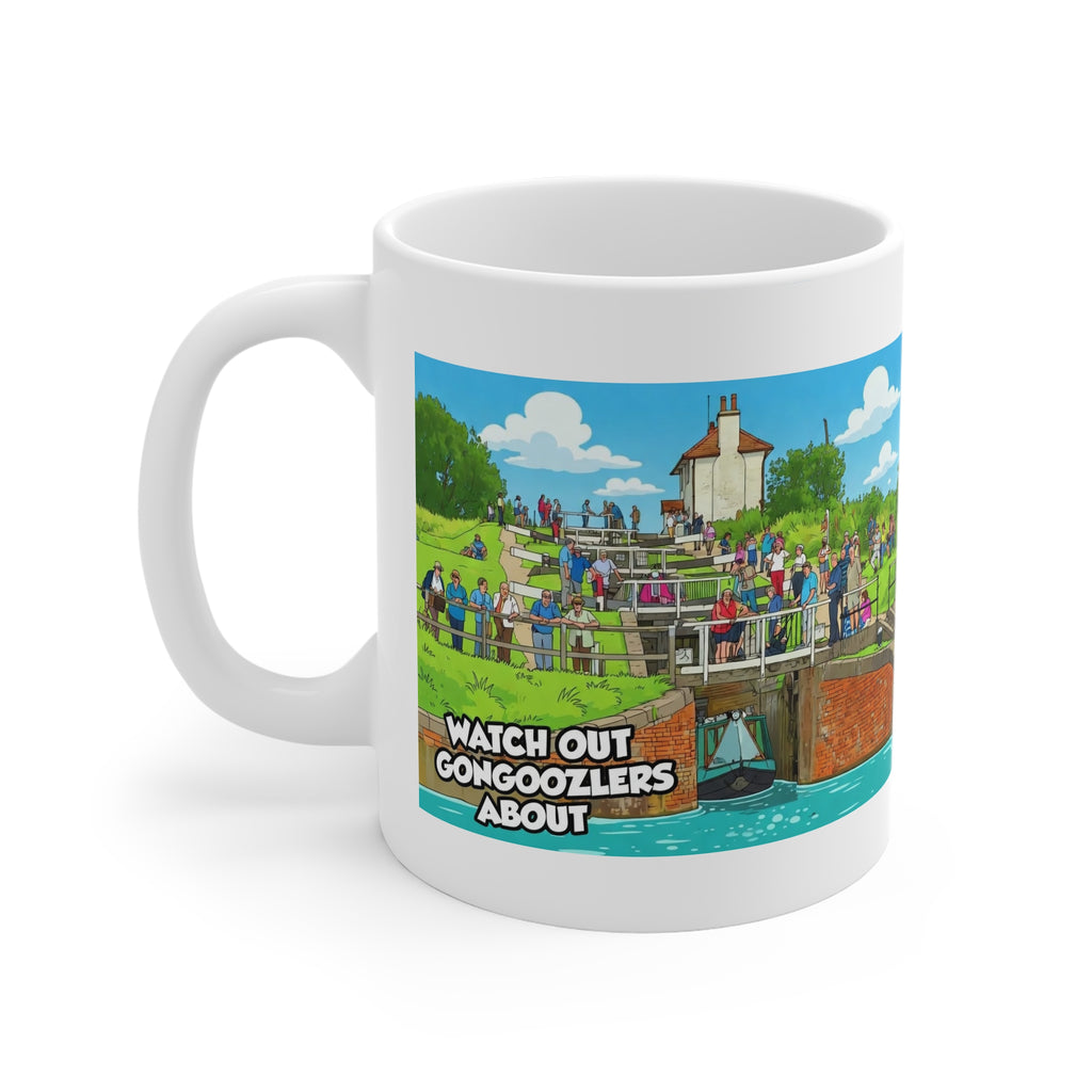 Mug — 'Watch Out Gongooolzers About' Canal Scene Cartoon Coffee Mug Printify