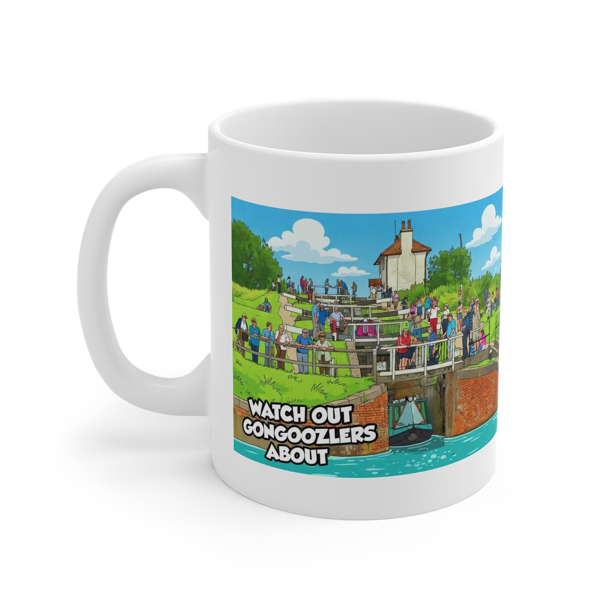 Mug — 'Watch Out Gongooolzers About' Canal Scene Cartoon Coffee Mug Printify