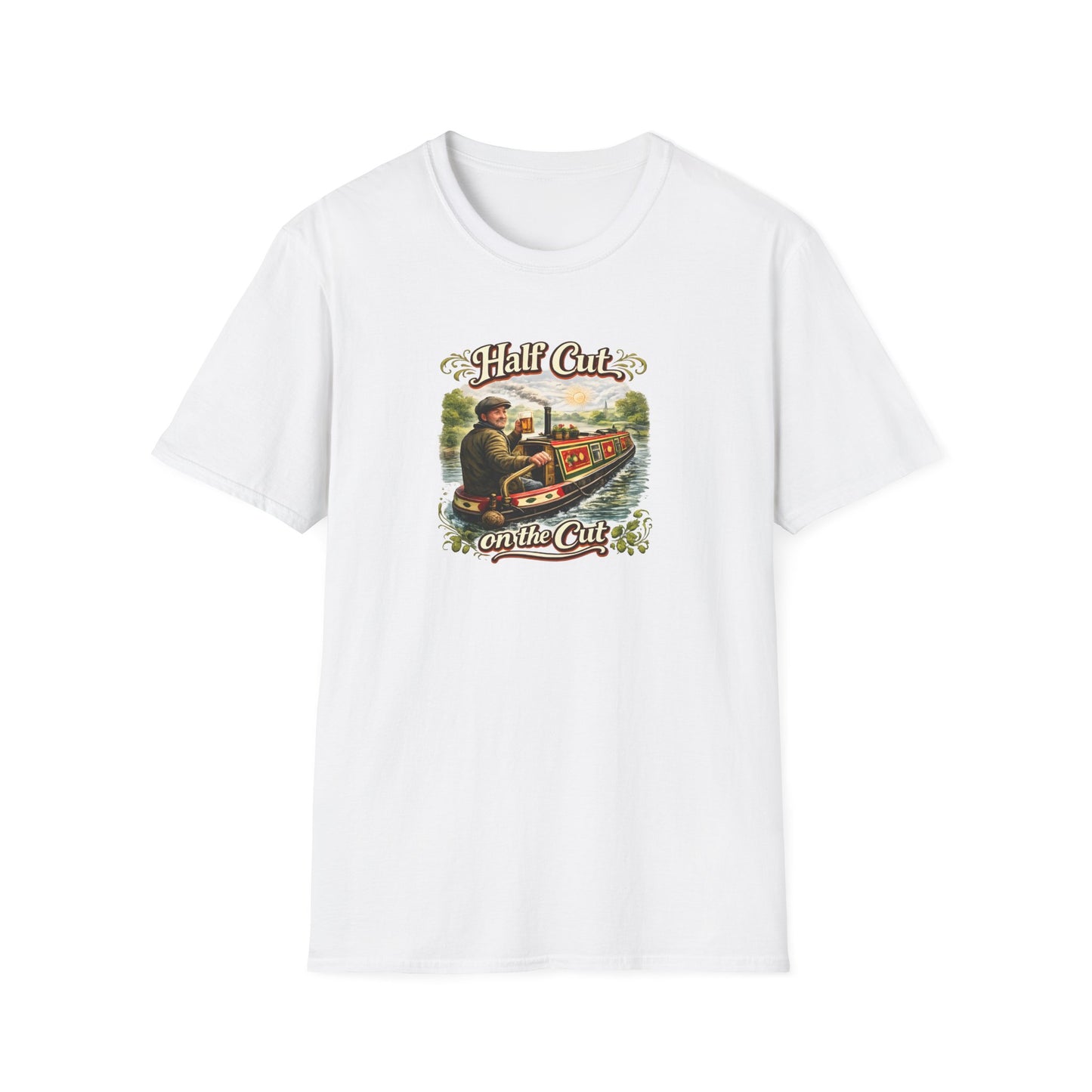 White t-shirt with a graphic design of a narrowboat and text on a white background