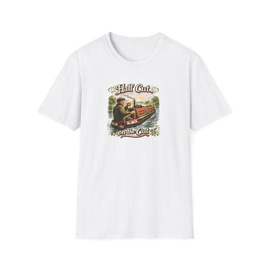 White t-shirt with a graphic design of a narrowboat and text on a white background