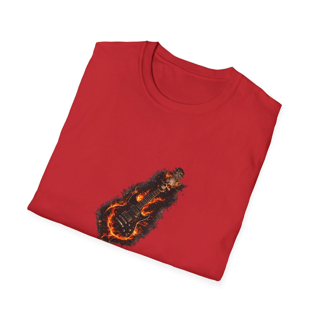 Flaming skull guitar heavy metal design with fire flames wrapping around electric guitar body