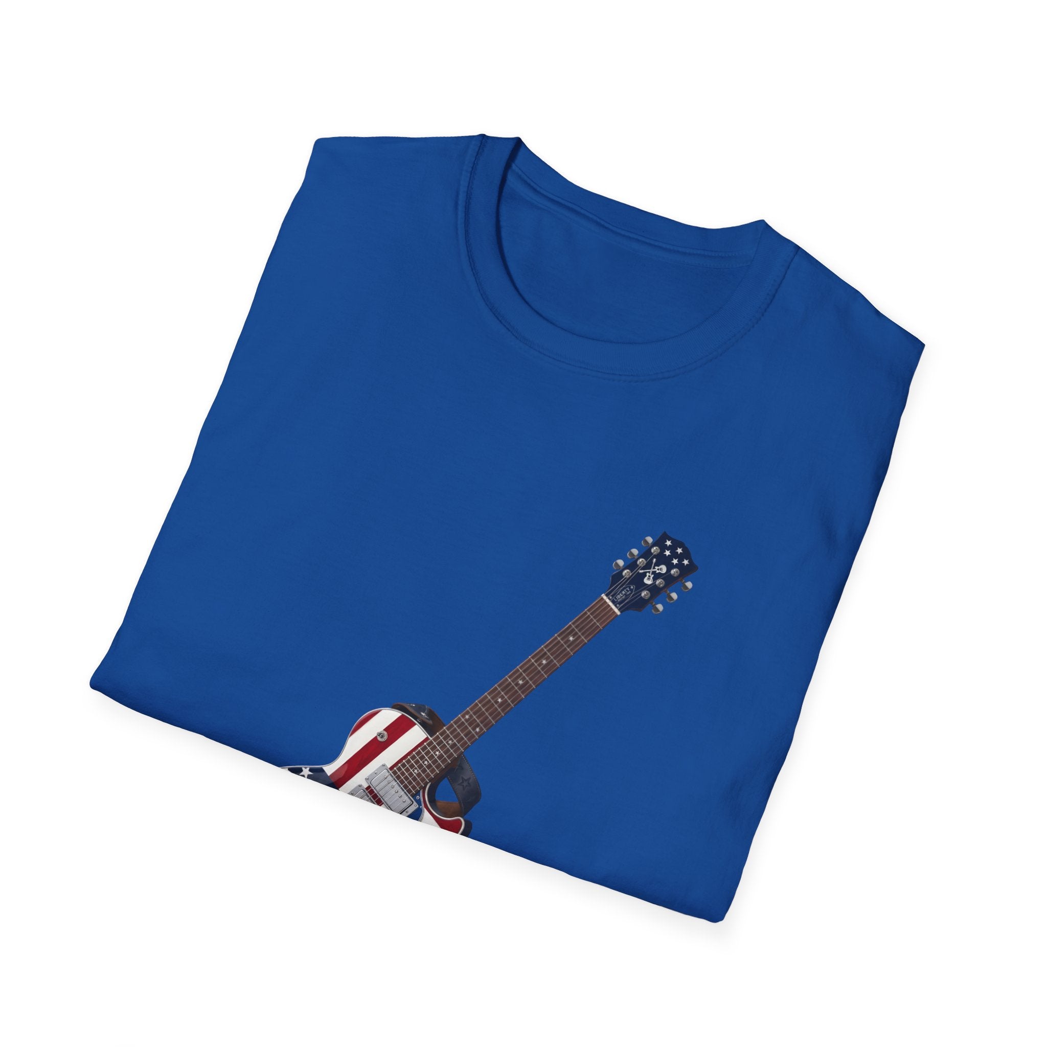 Folded blue t-shirt with a graphic of an American flag guitar on a white background