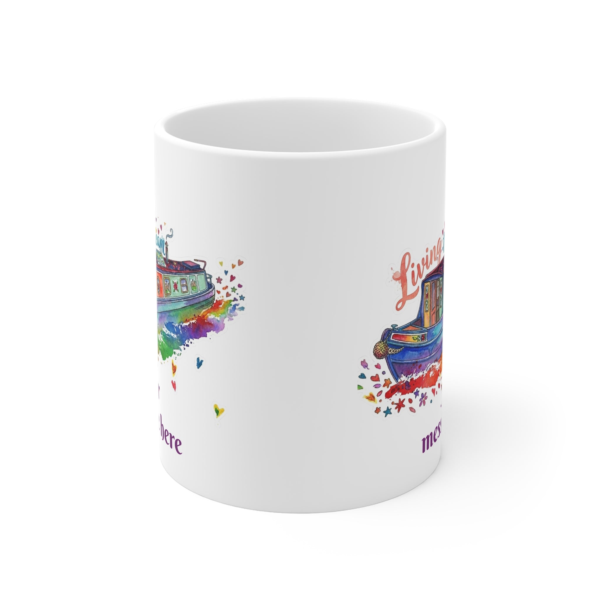 front view Personalised Living the Dream Narrowboat Coffee Mug - Custom Canal Boat Gift 