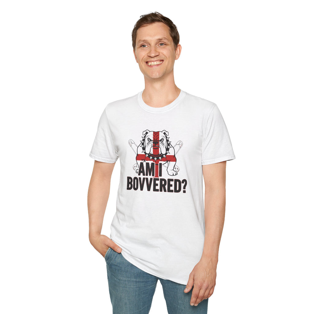 White T‑Shirt — "Am I Bovvered?" English Bulldog with St. George Flag Graphic