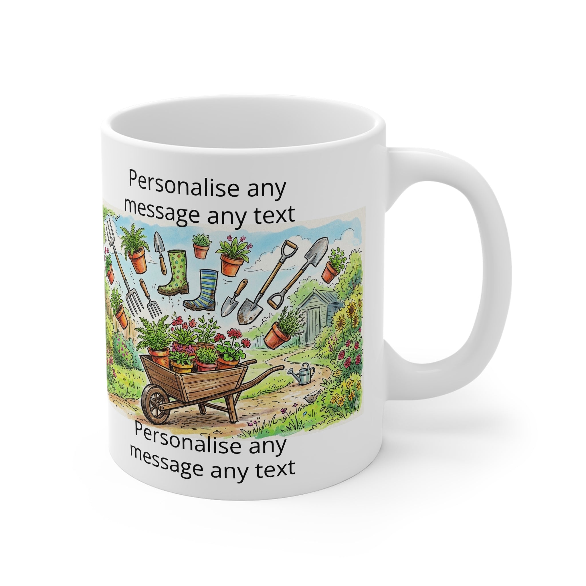 Gardening Mug — Personalised Wheelbarrow & Tools Coffee Cup (Add Your Text) Printify