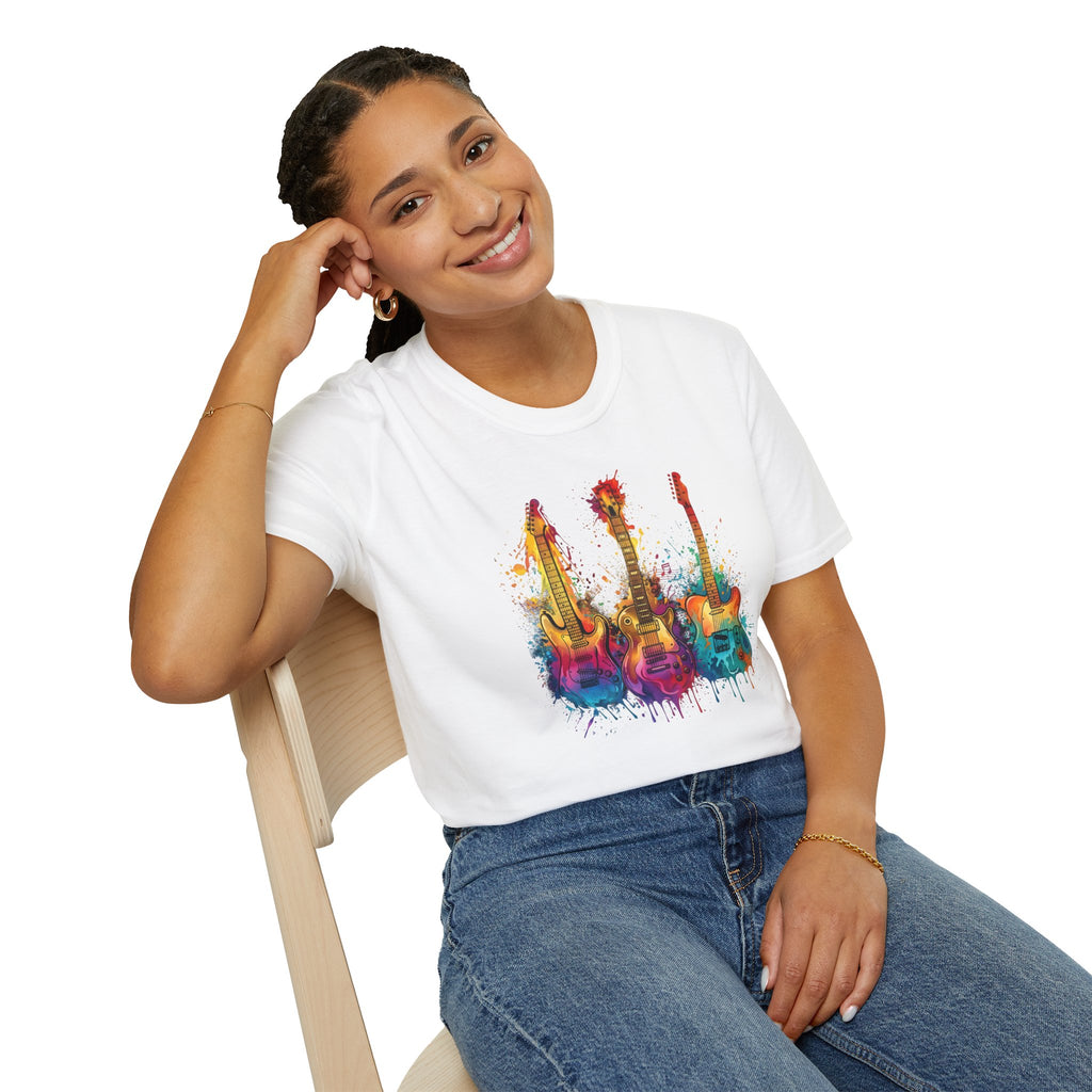 Vivid Paint Splash Design Three Guitars Trio T-Shirt — Colourful  Musical Instrument Tee