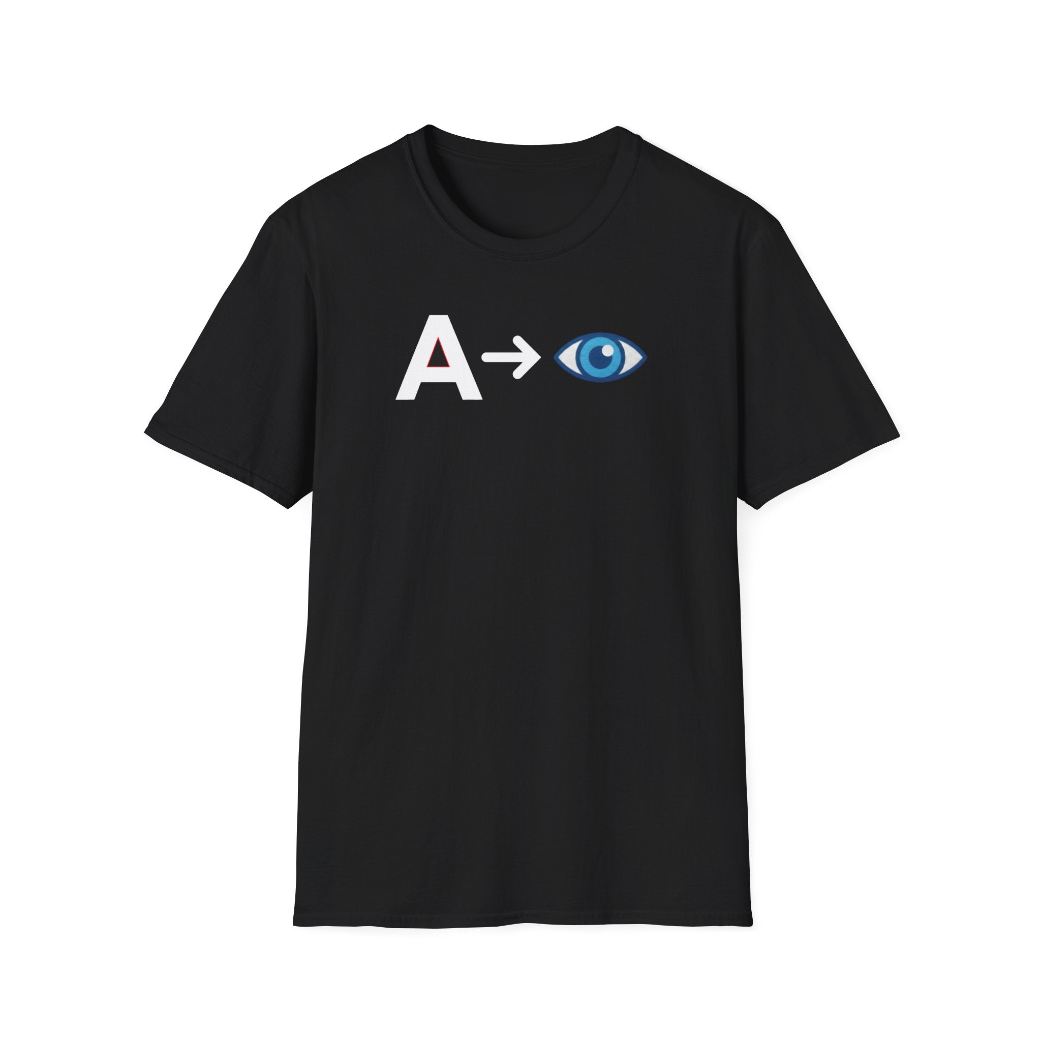 Black t-shirt with a graphic design on a white background