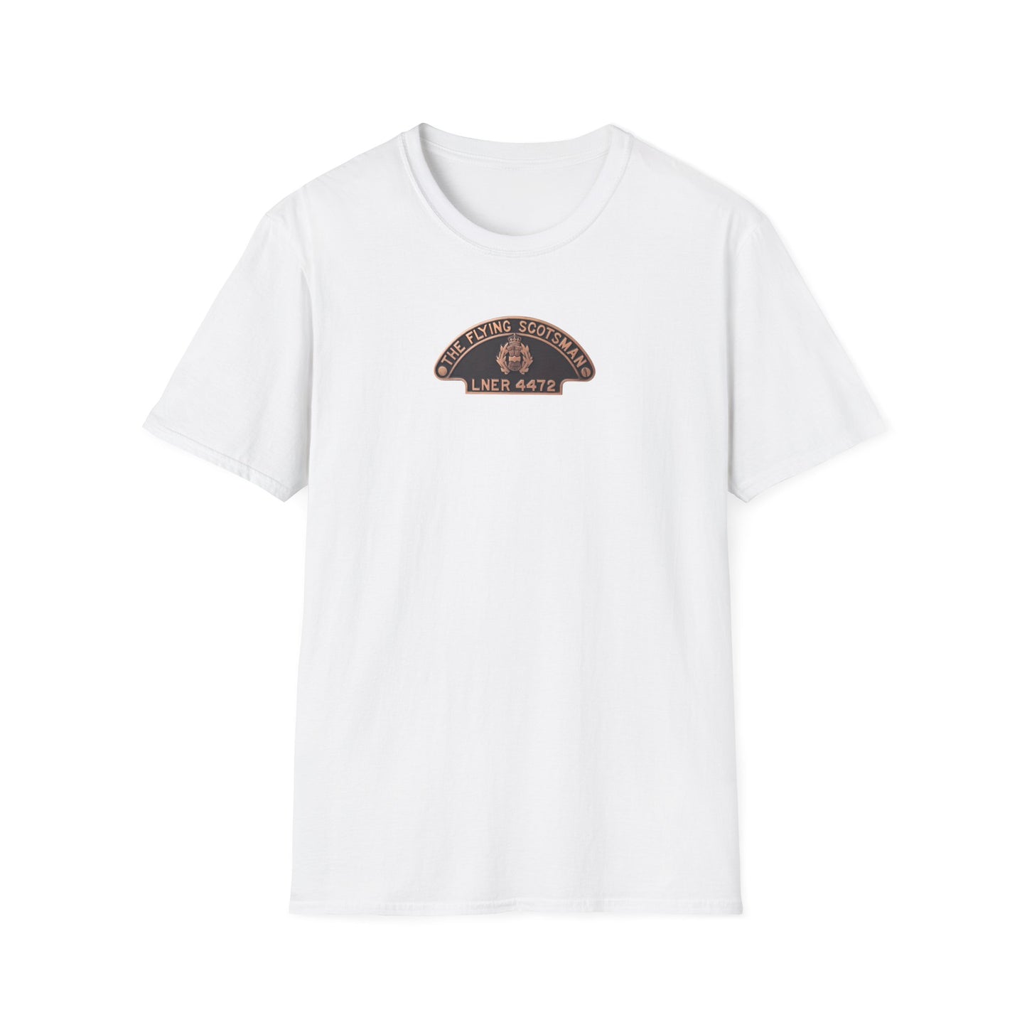 White t-shirt with a logo on a white background