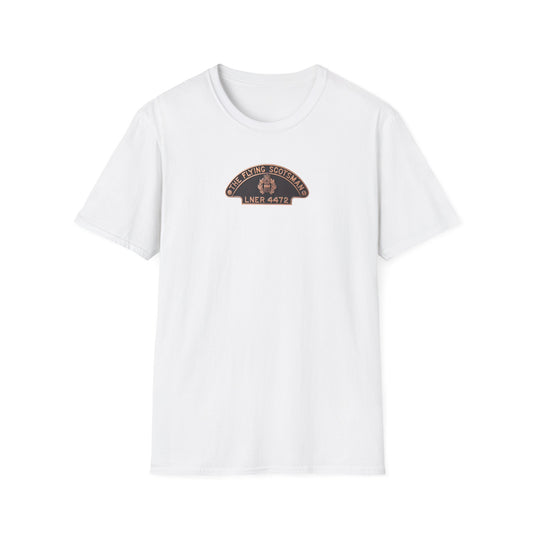 White t-shirt with a logo on a white background