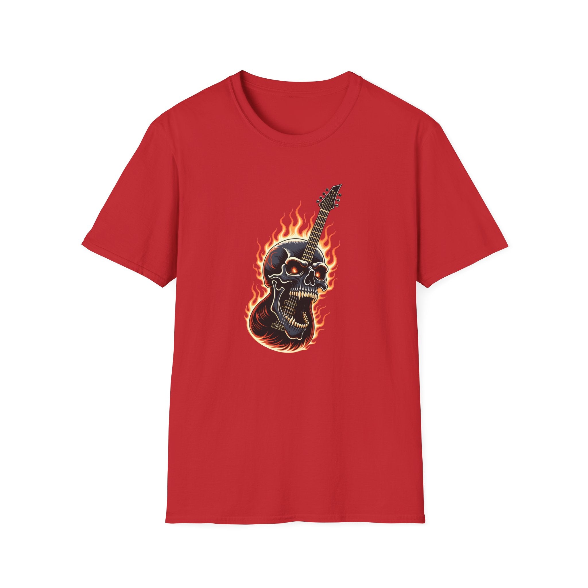 Red t-shirt with a graphic of a flaming guitar and skull on a white background