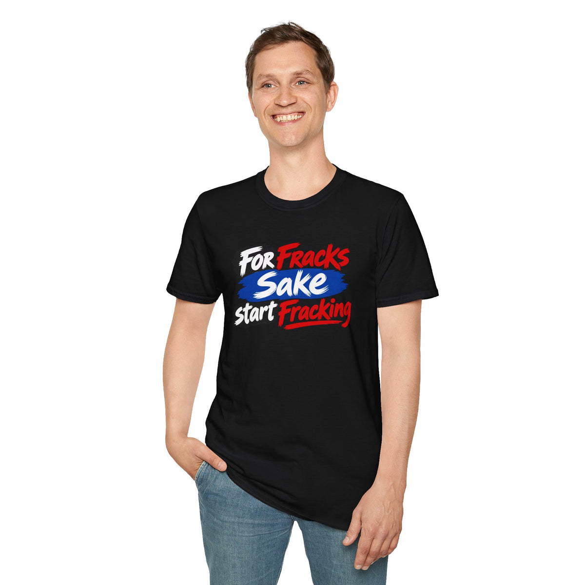 A man wearing a black graphic t-shirt with the slogan 'For Fracks Sake start Tracking' in red, white, and blue text, paired with blue jeans, against a plain white background.