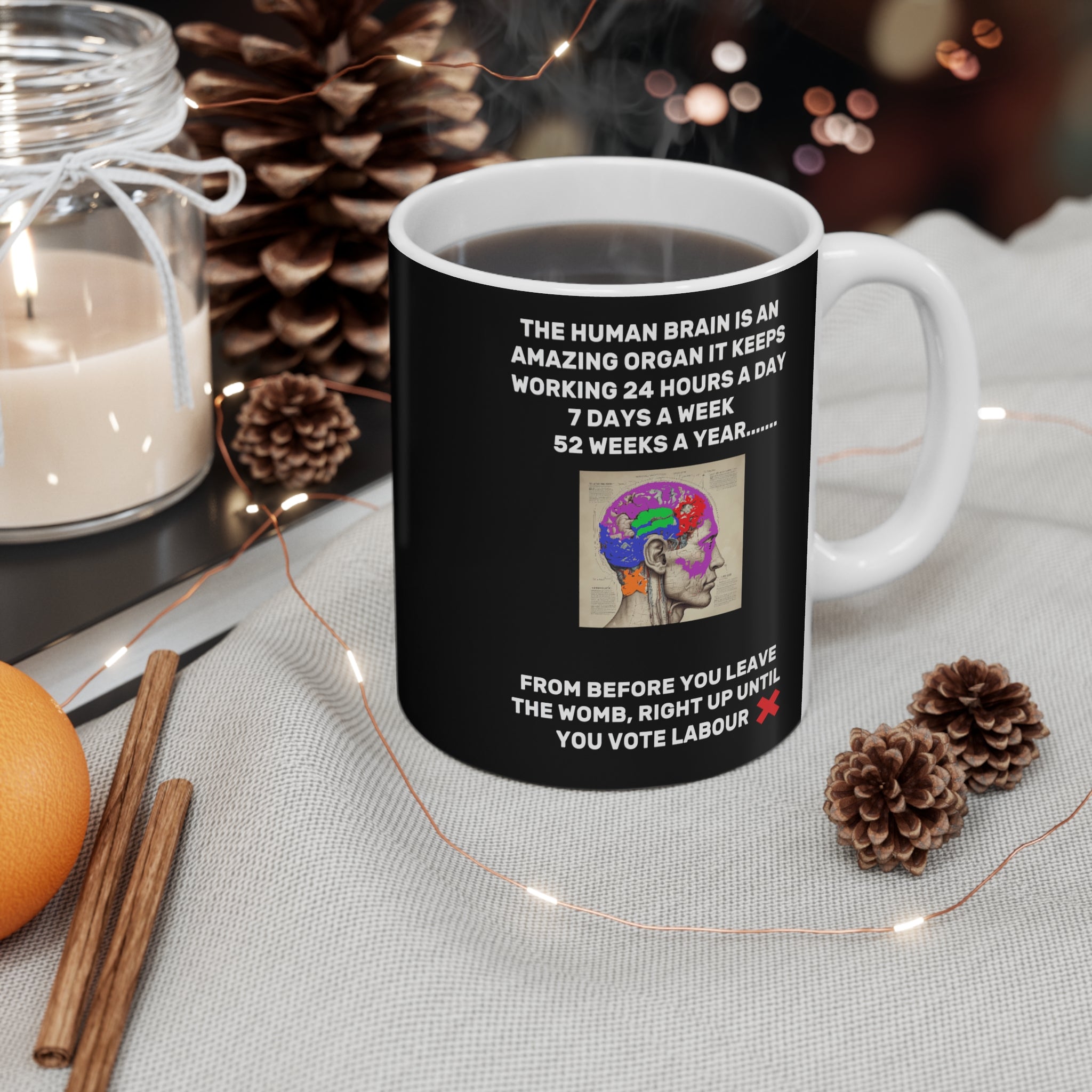 Mug with labour party political message on a table with decorative items