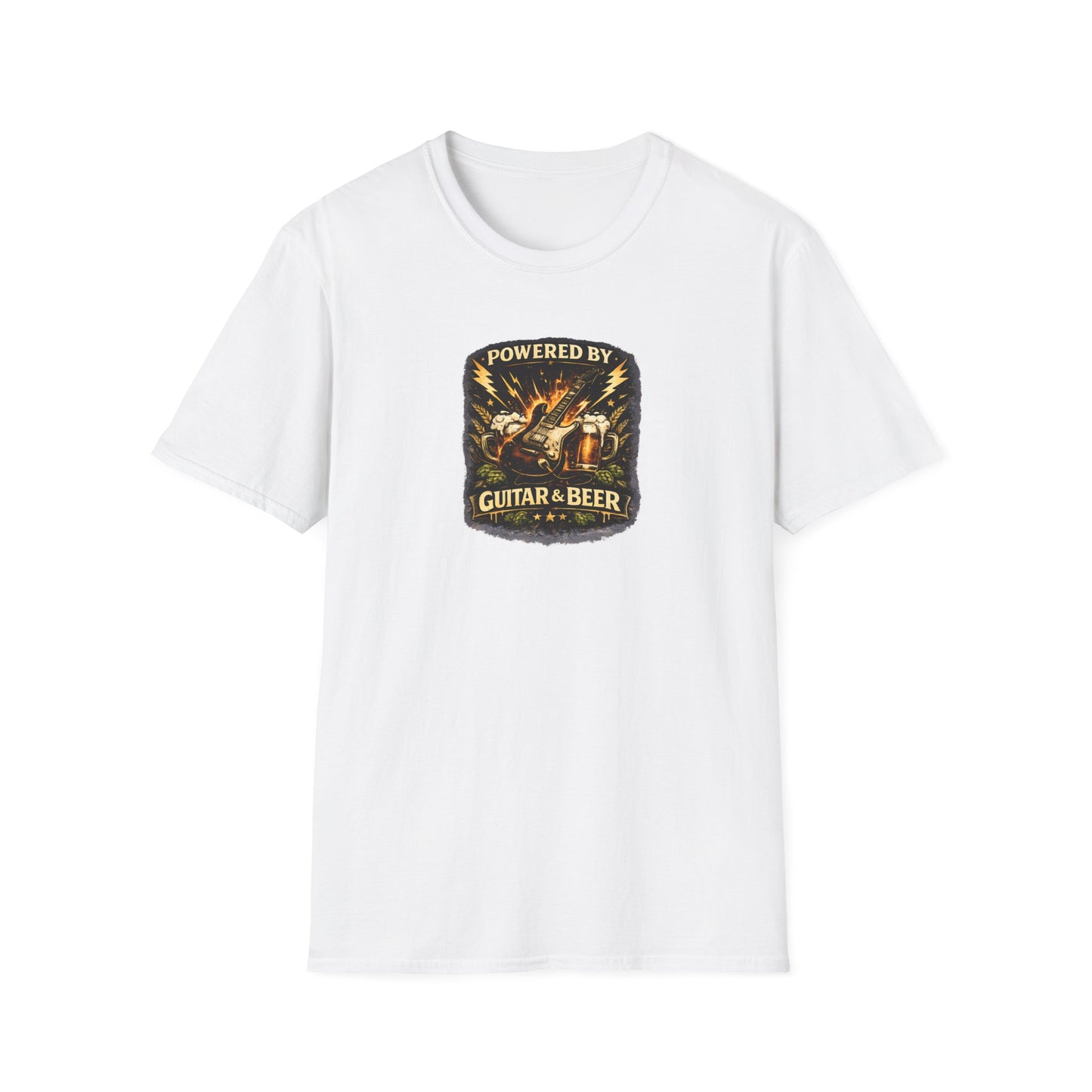 White t-shirt with a graphic design and text 'Powered by Guitar & Beer' on a white background