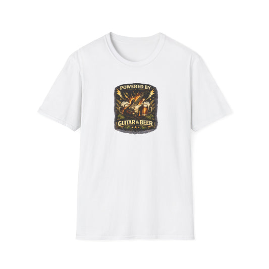White t-shirt with a graphic design and text 'Powered by Guitar & Beer' on a white background