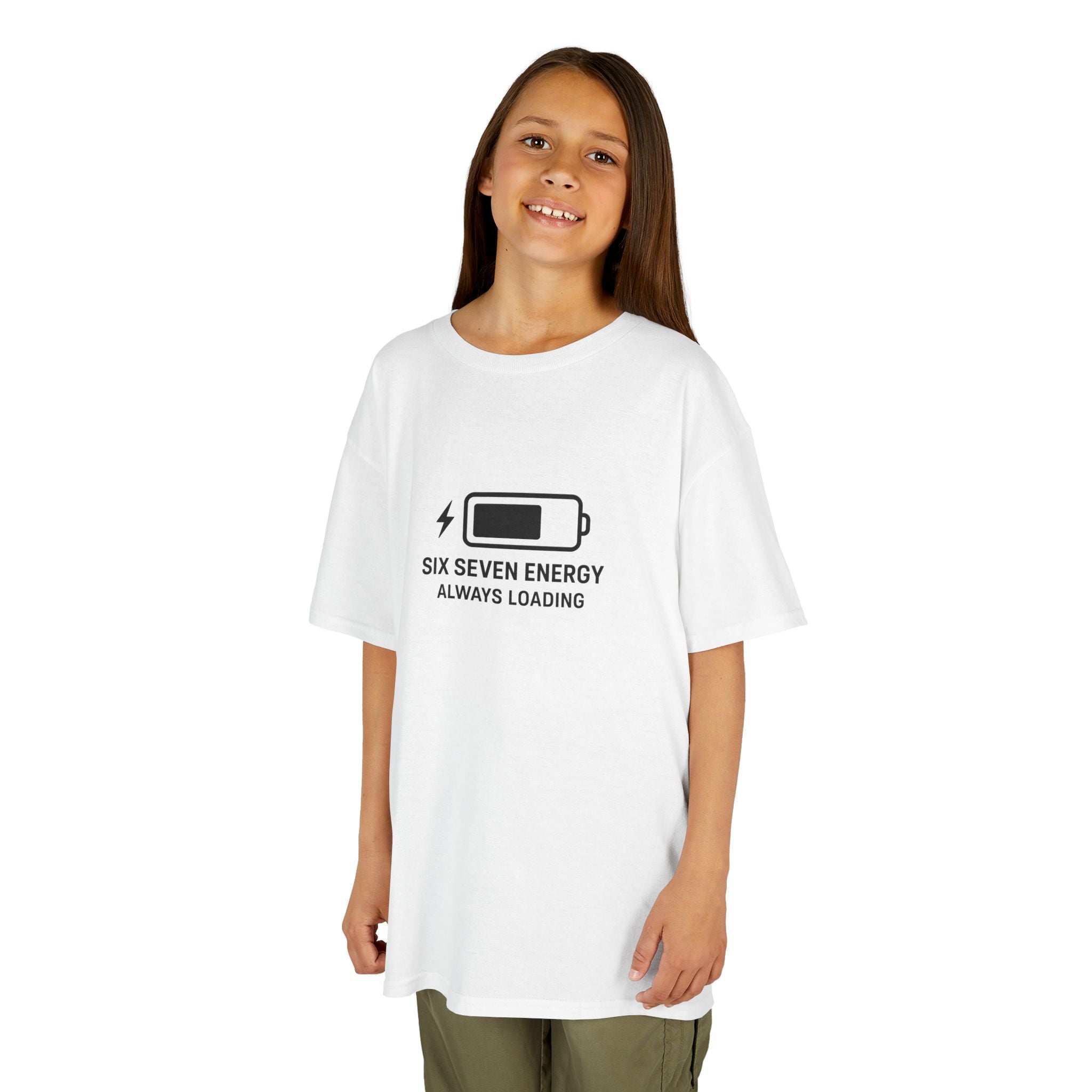 Young girl wearing a white t-shirt with a battery six seven graphic and text on a white background