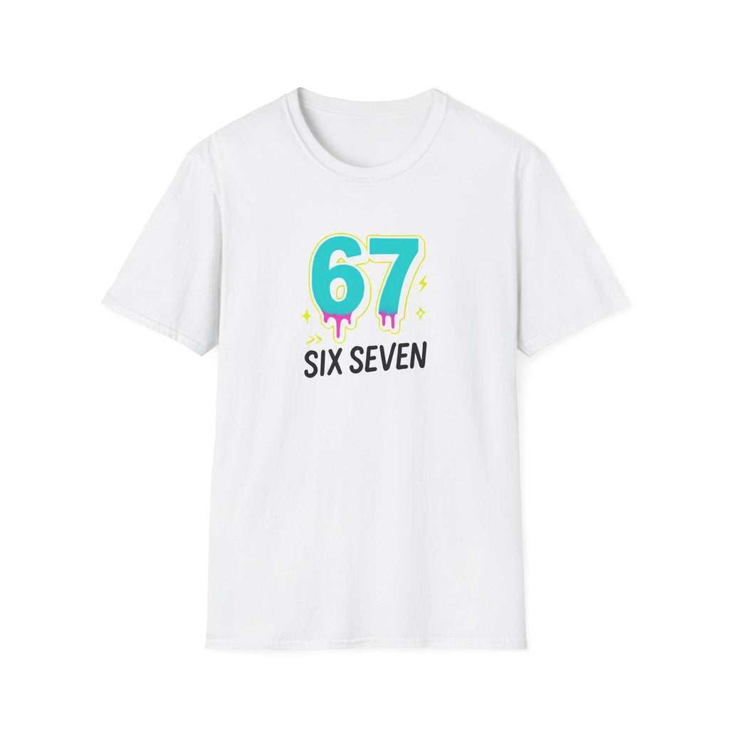 White t-shirt with '67 SIX SEVEN' design on a white background