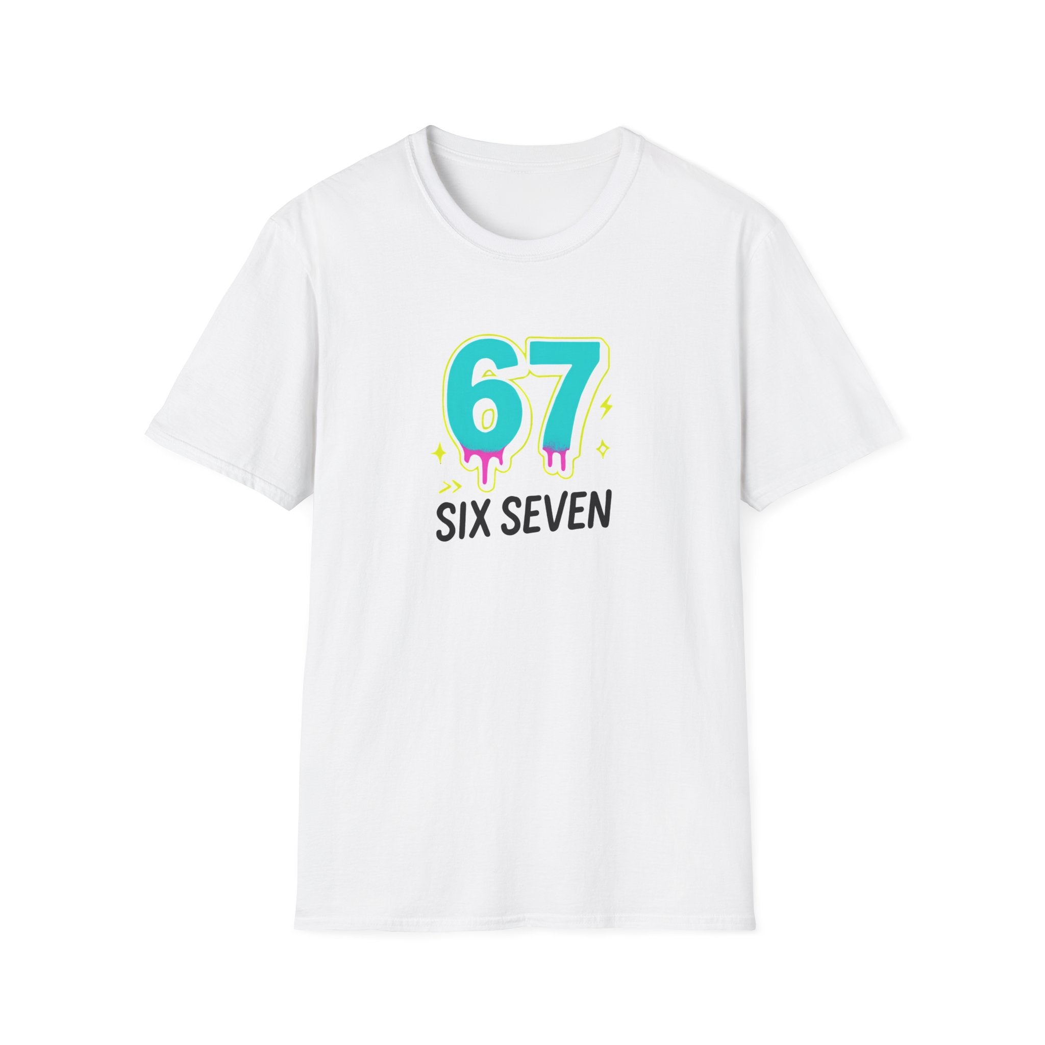 White t-shirt with '67 SIX SEVEN' design on a white background