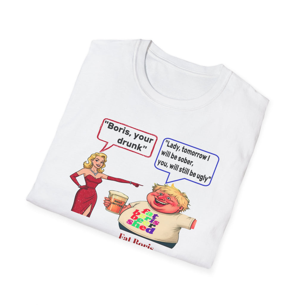 White t-shirt with graphic design featuring a woman in a red dress and a man in a 'Fat Boris' shirt on a white background.