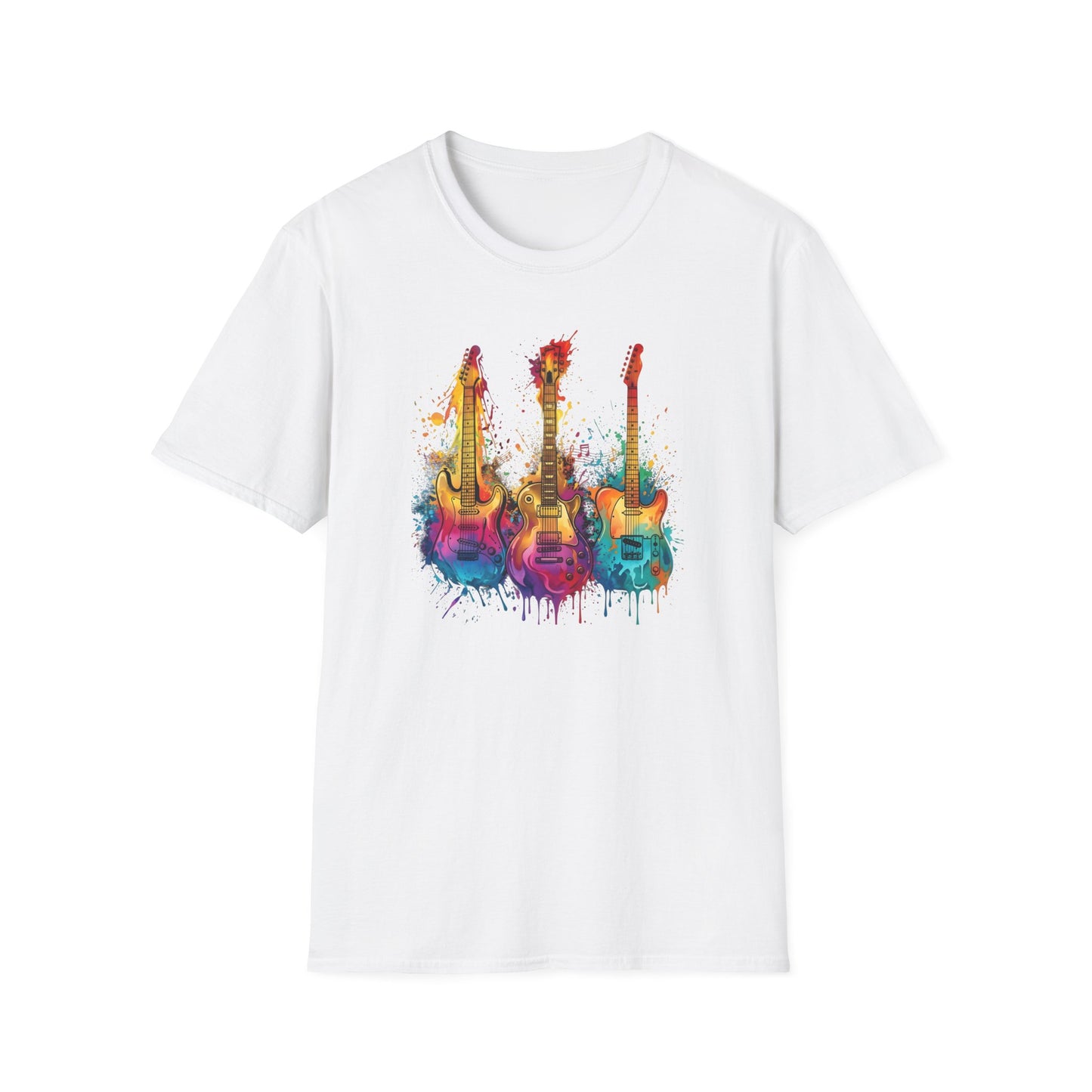 Vivid Paint Splash Design Three Guitars Trio T-Shirt — Colourful  Musical Instrument Tee