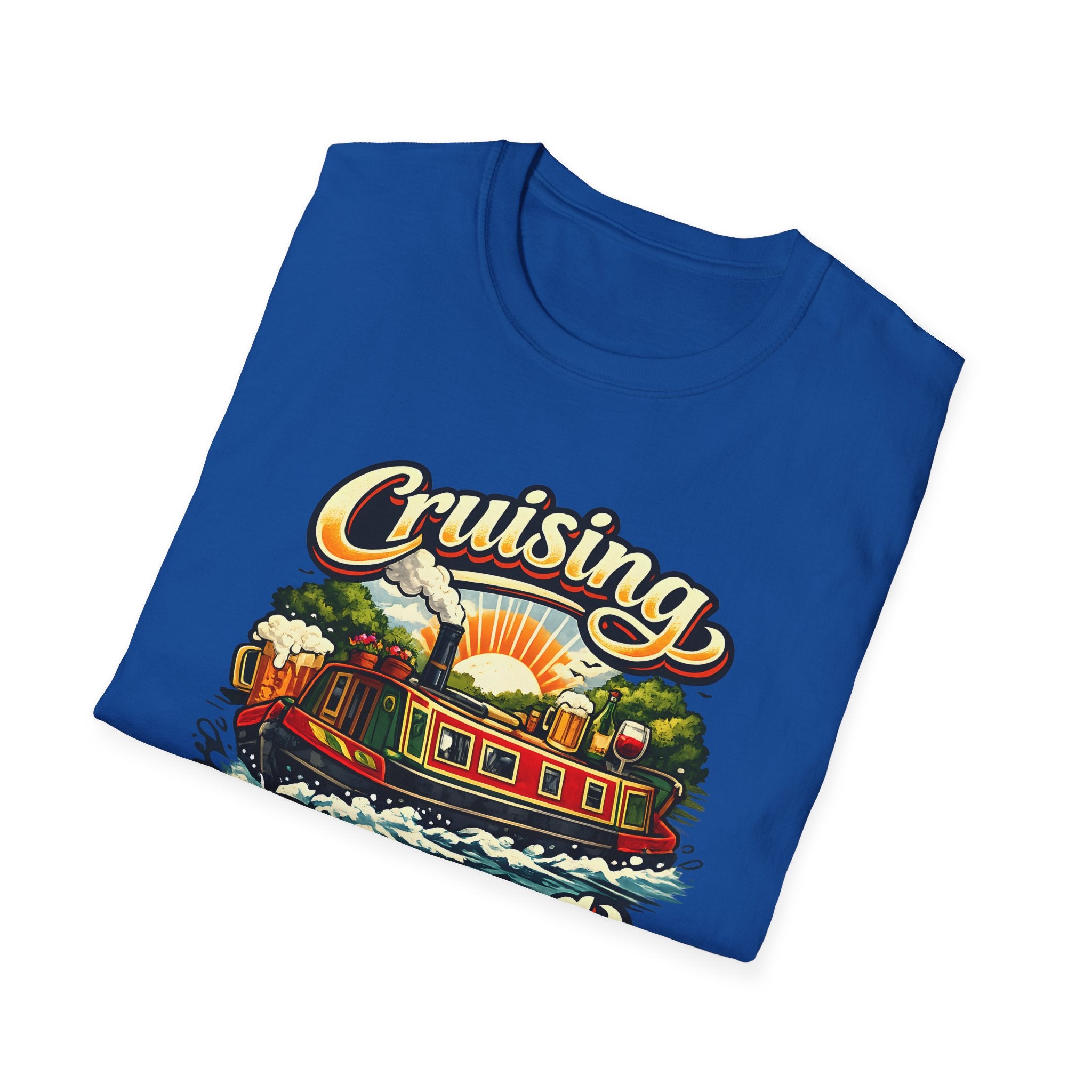 Folded blue t-shirt with 'Cruising' graphic design featuring a steamboat on a white background