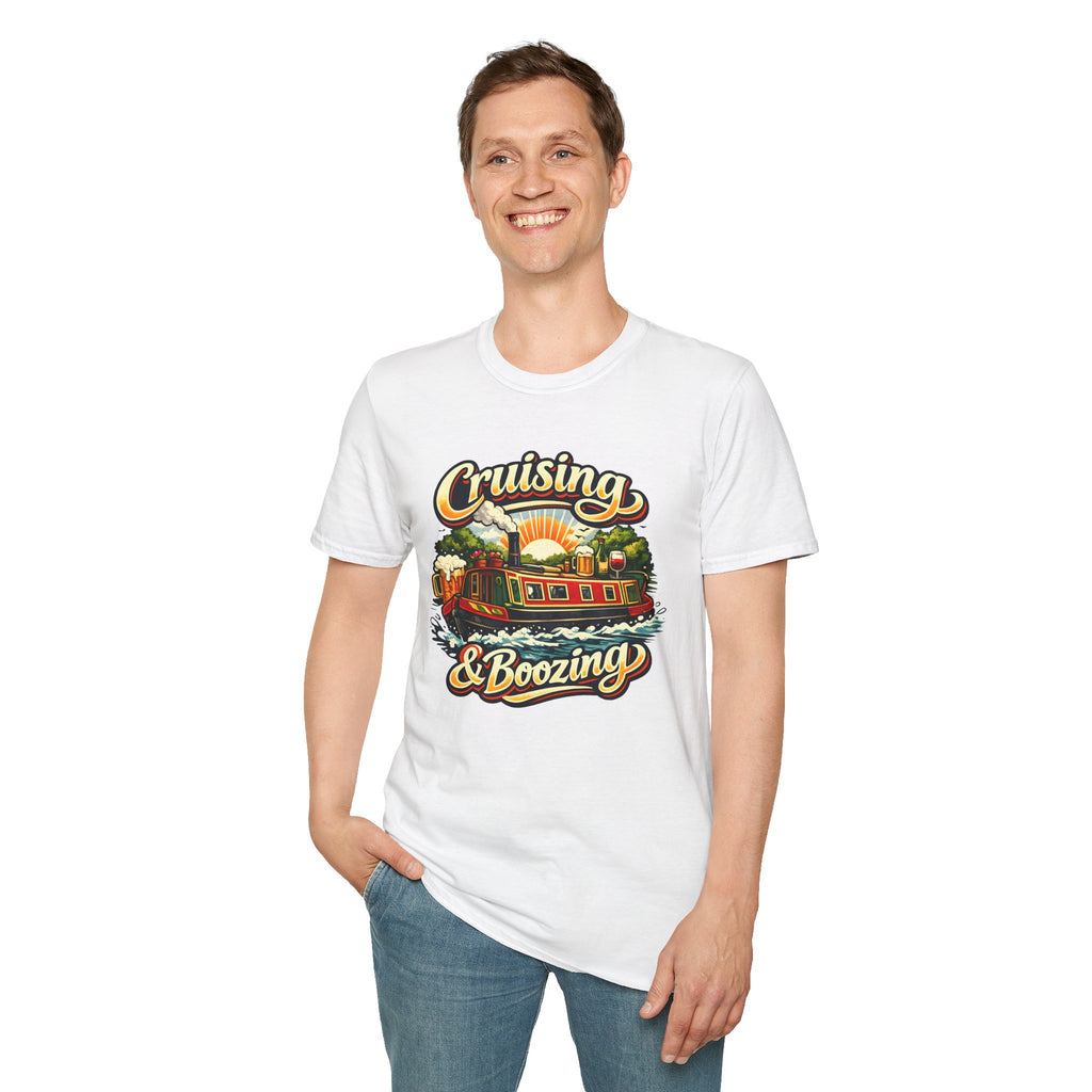 Person wearing a white t-shirt with 'Cruising & Boozing' graphic design on a white background