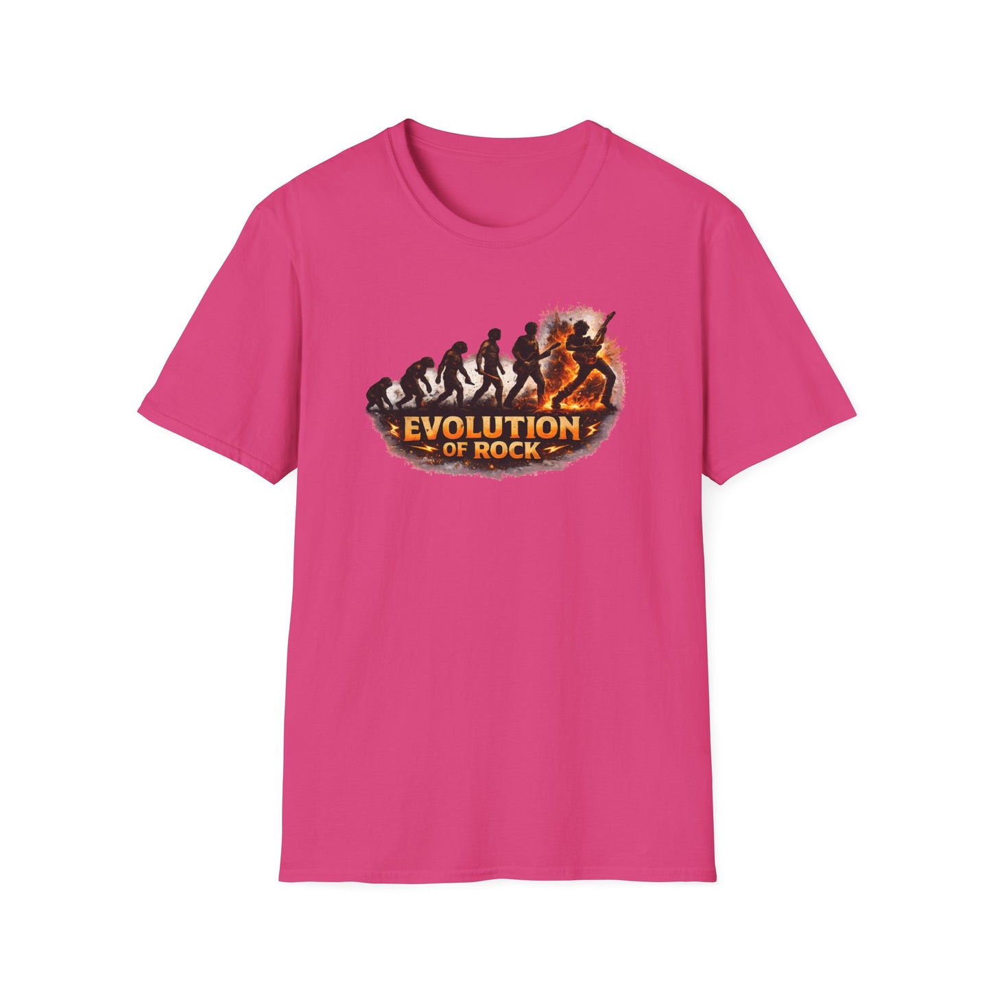 Pink t-shirt with 'Evolution of Rock' graphic on a white background