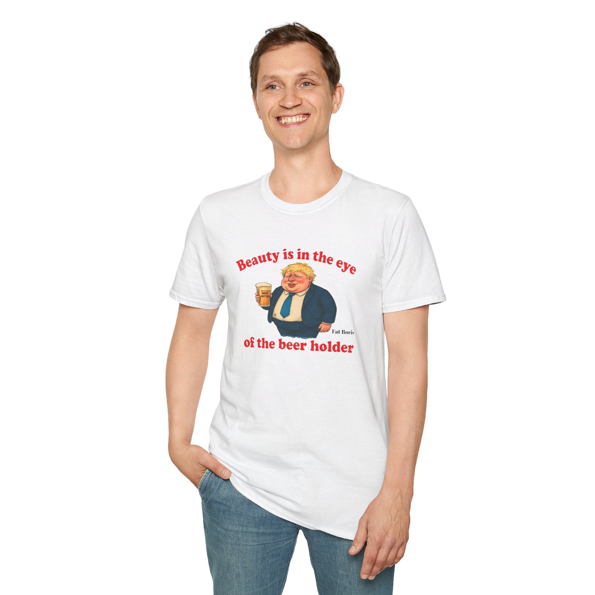Fat Boris Beer Shed Collection - Beauty is in the Eye of the Beer Holder Unisex T-Shirt Printify